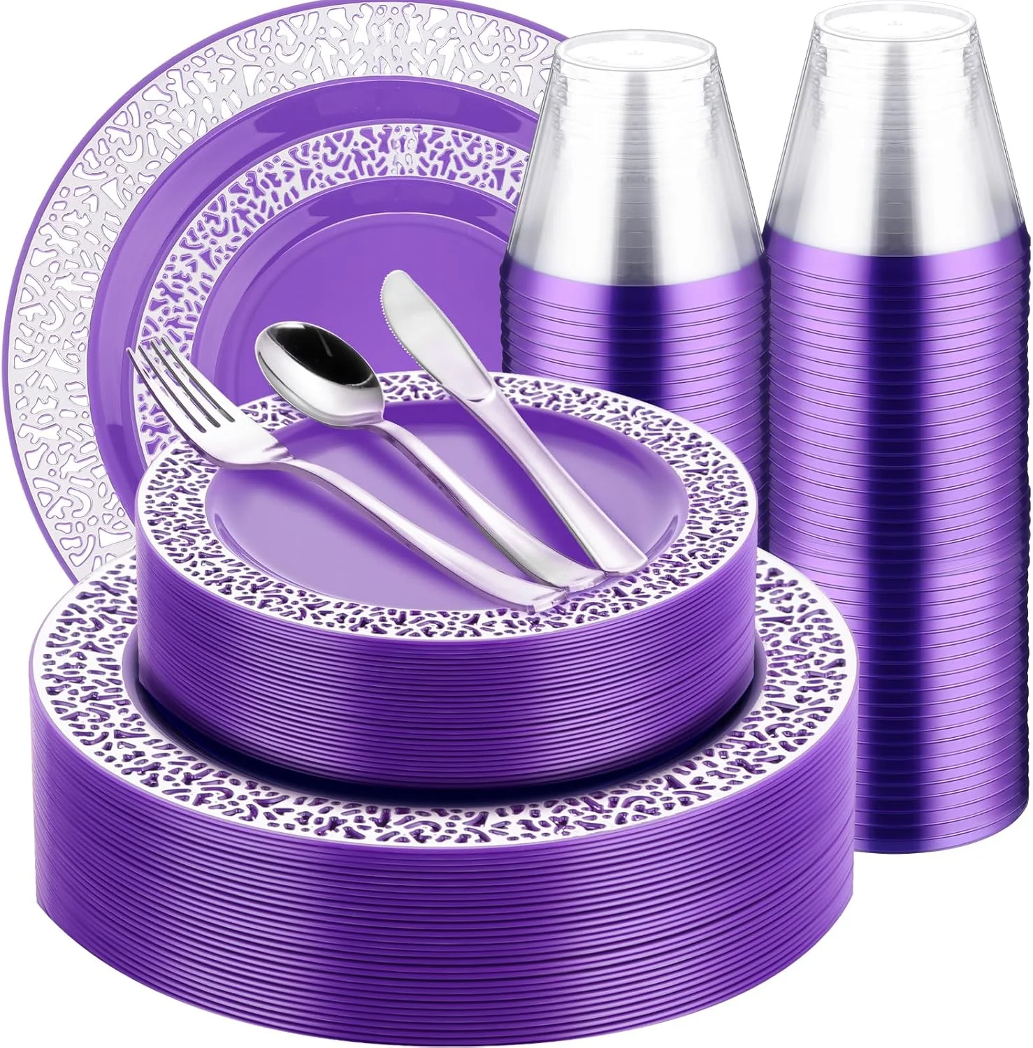 ست ظروف پذیرایی پلاستیکی بنفش نورم مدل 150 تکه شامل 25 عدد بشقاب غذاخوری 26 سانتی‌متری، 25 عدد بشقاب سالاد 19 سانتی‌متری، 25 عدد لیوان لبه بنفش 270 میلی‌لیتری، 25 عدد چاقو، 25 عدد چنگال و 25 عدد قاشق برای 25 مهمان مناسب جشن عروسی