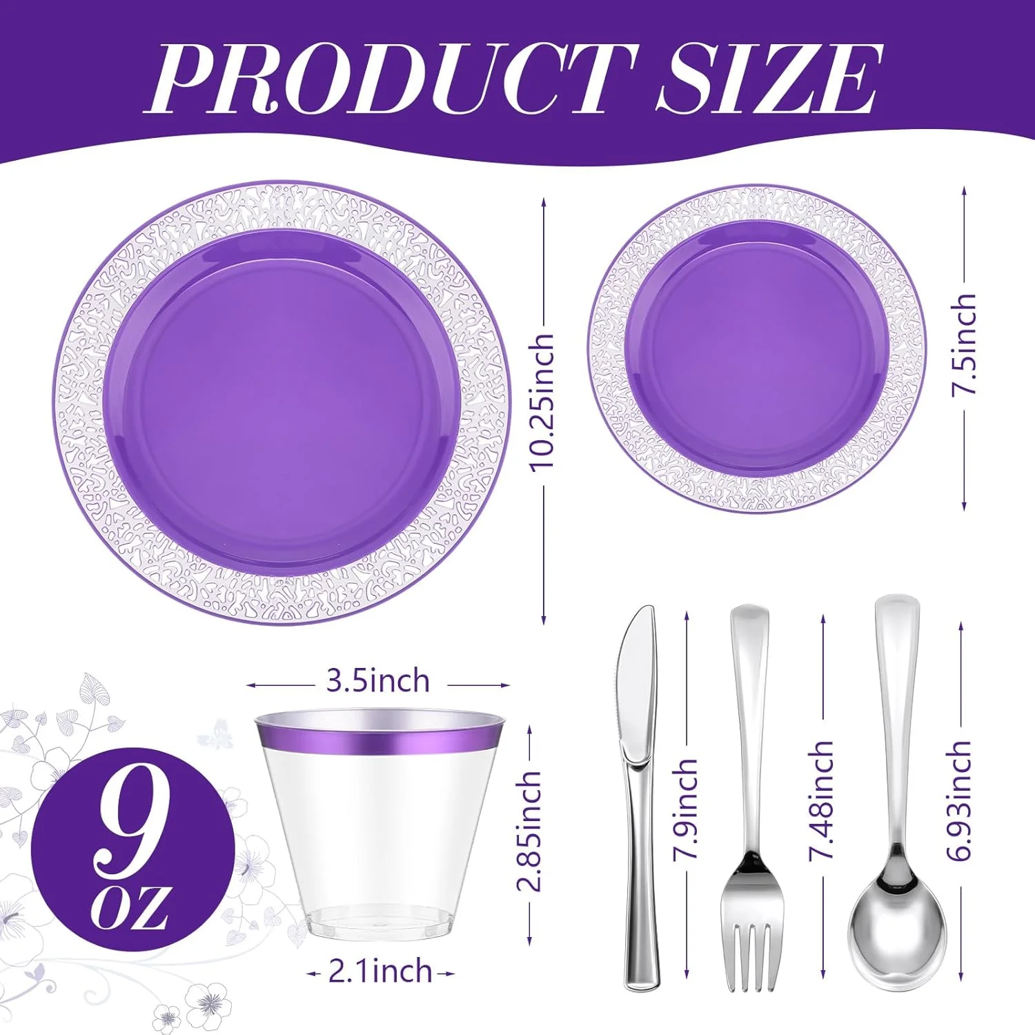 ست ظروف پذیرایی پلاستیکی بنفش نورم مدل 150 تکه شامل 25 عدد بشقاب غذاخوری 26 سانتی‌متری، 25 عدد بشقاب سالاد 19 سانتی‌متری، 25 عدد لیوان لبه بنفش 270 میلی‌لیتری، 25 عدد چاقو، 25 عدد چنگال و 25 عدد قاشق برای 25 مهمان مناسب جشن عروسی