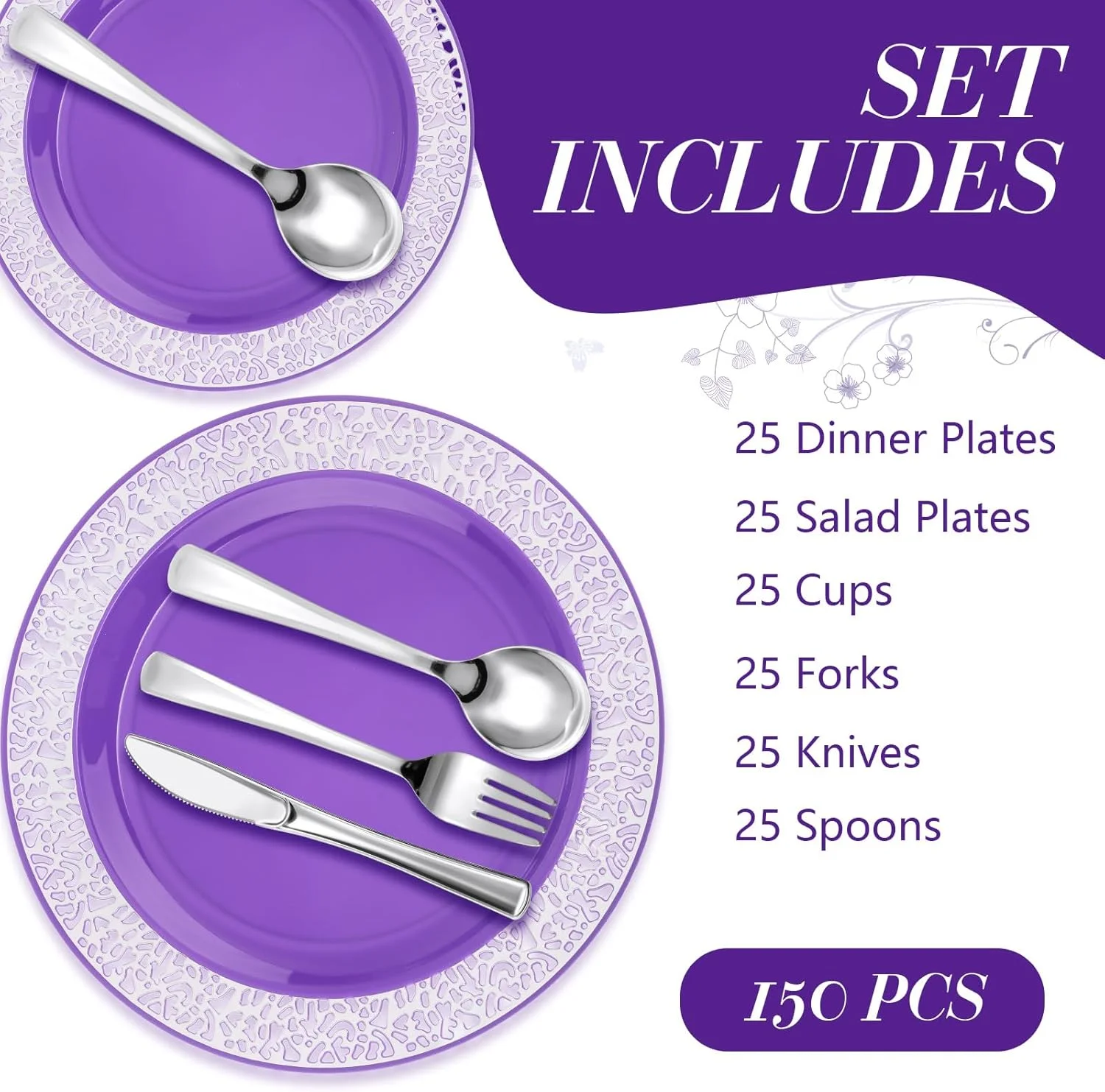 ست ظروف پذیرایی پلاستیکی بنفش نورم مدل 150 تکه شامل 25 عدد بشقاب غذاخوری 26 سانتی‌متری، 25 عدد بشقاب سالاد 19 سانتی‌متری، 25 عدد لیوان لبه بنفش 270 میلی‌لیتری، 25 عدد چاقو، 25 عدد چنگال و 25 عدد قاشق برای 25 مهمان مناسب جشن عروسی