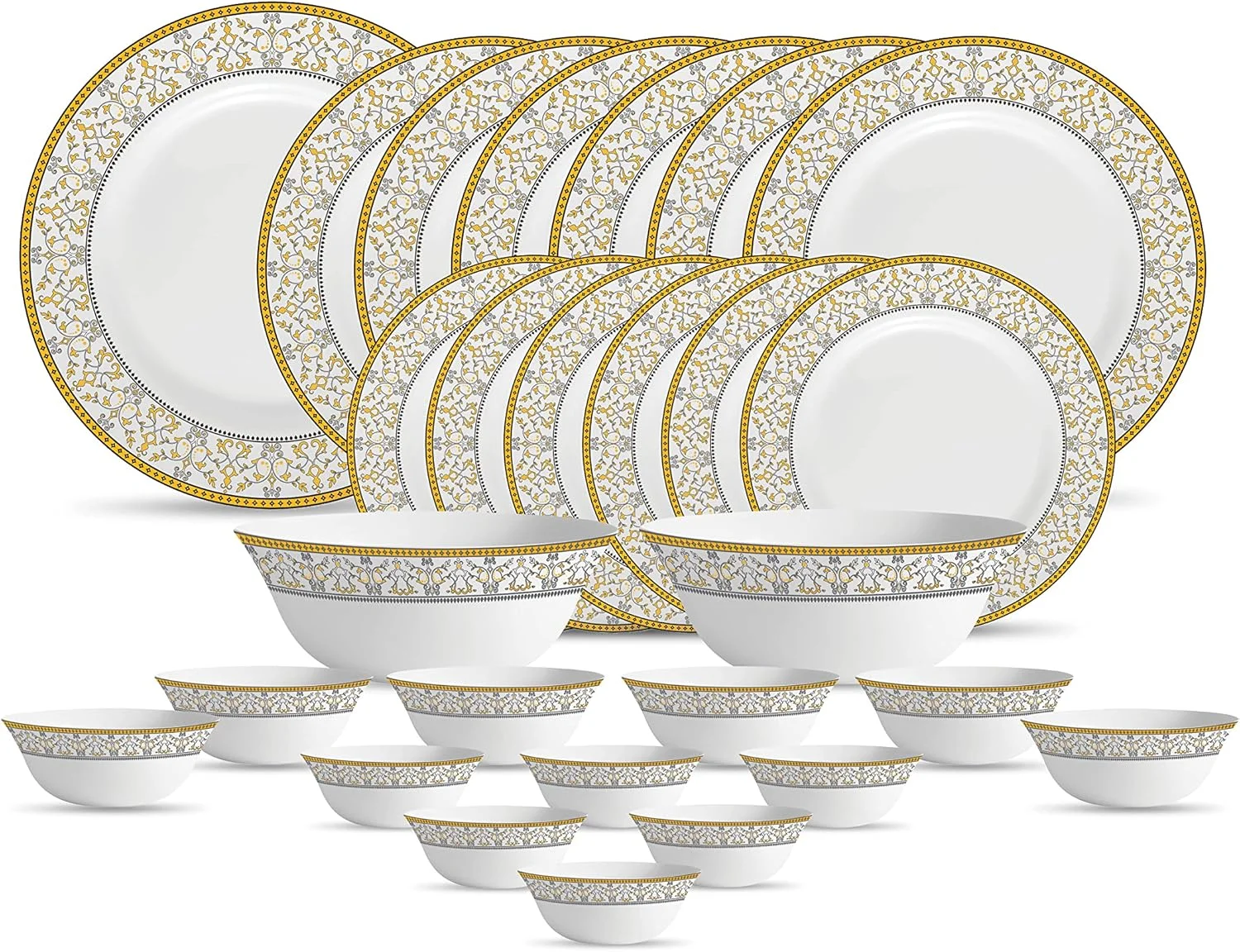 سرویس غذاخوری 27 پارچه اوپال مدل La Opala Diva، مجموعه Sovrana، جنس شیشه اوپال، طرح Moroccan Gold، رنگ سفید