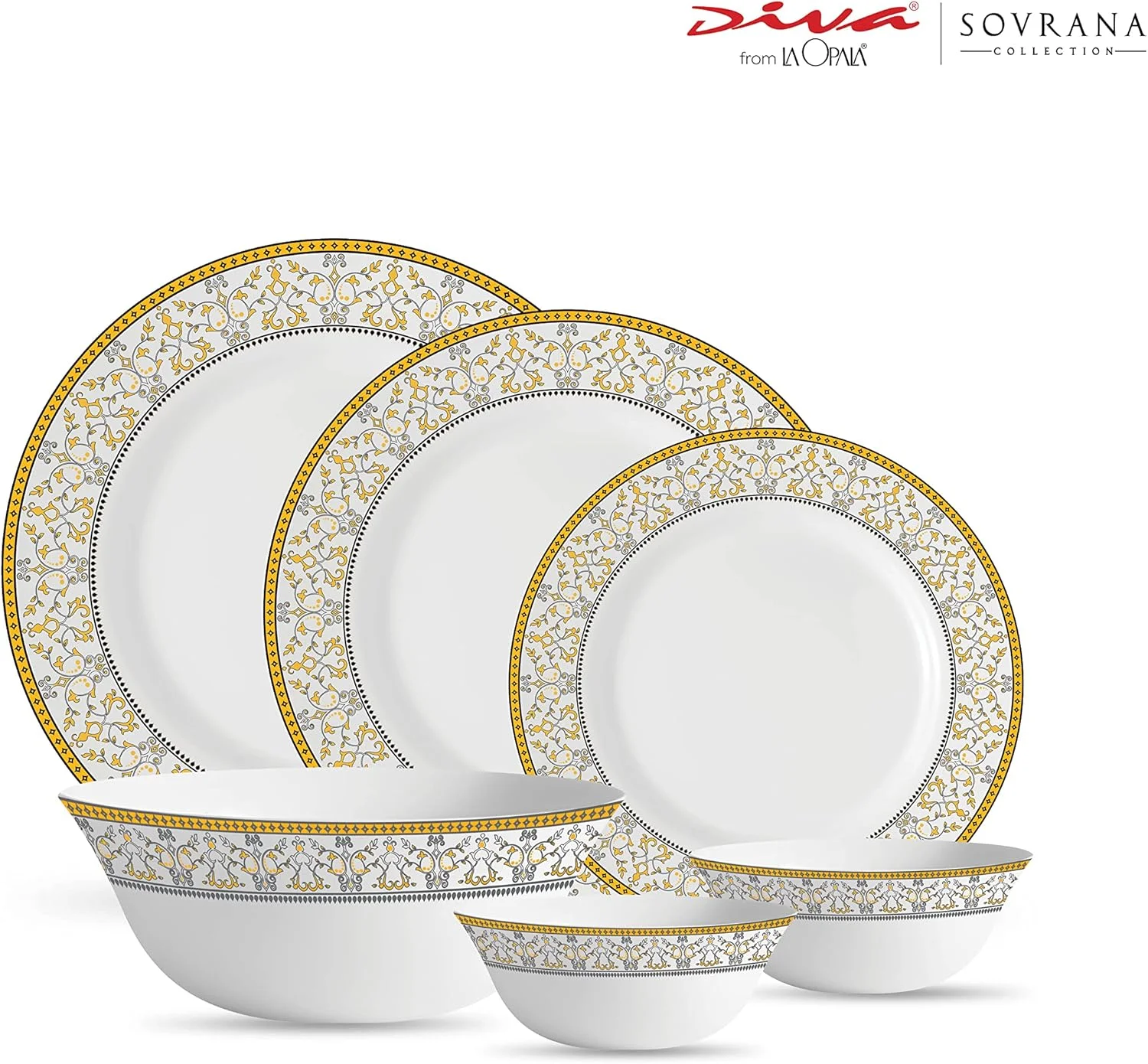 سرویس غذاخوری 27 پارچه اوپال مدل La Opala Diva، مجموعه Sovrana، جنس شیشه اوپال، طرح Moroccan Gold، رنگ سفید
