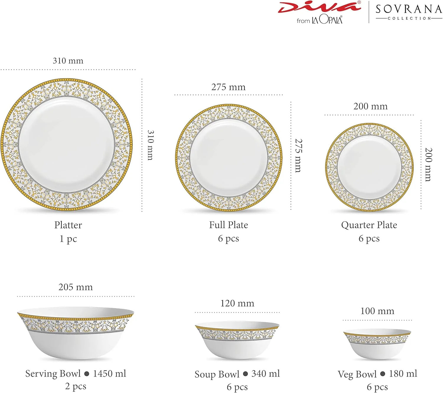 سرویس غذاخوری 27 پارچه اوپال مدل La Opala Diva، مجموعه Sovrana، جنس شیشه اوپال، طرح Moroccan Gold، رنگ سفید