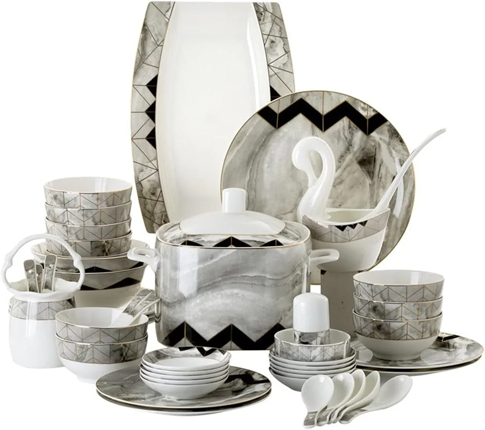 سرویس ظروف غذاخوری مدرن چینی 60 پارچه شامل بشقاب غذاخوری، کاسه سوپ، بشقاب سالاد، مناسب برای 8-10 نفر