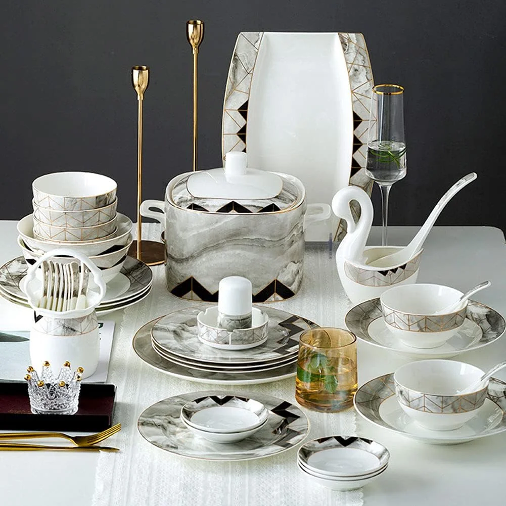 سرویس ظروف غذاخوری مدرن چینی 60 پارچه شامل بشقاب غذاخوری، کاسه سوپ، بشقاب سالاد، مناسب برای 8-10 نفر