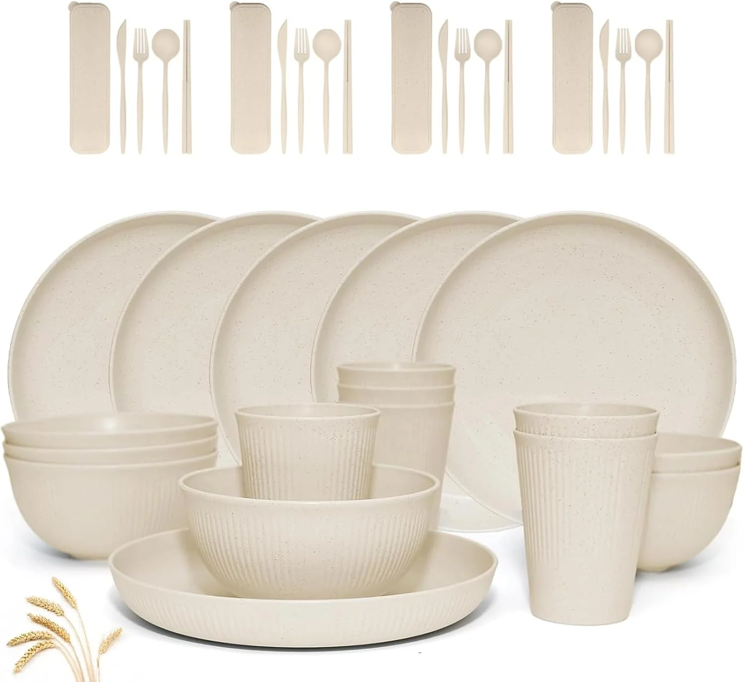 ست ظروف غذاخوری 28 تکه از جنس کاه گندم MostNow، نشکن، قابل استفاده مجدد، شامل بشقاب، کاسه و ست کارد و چنگال مسافرتی، قابل شستشو در ماشین ظرفشویی و استفاده در مایکروویو