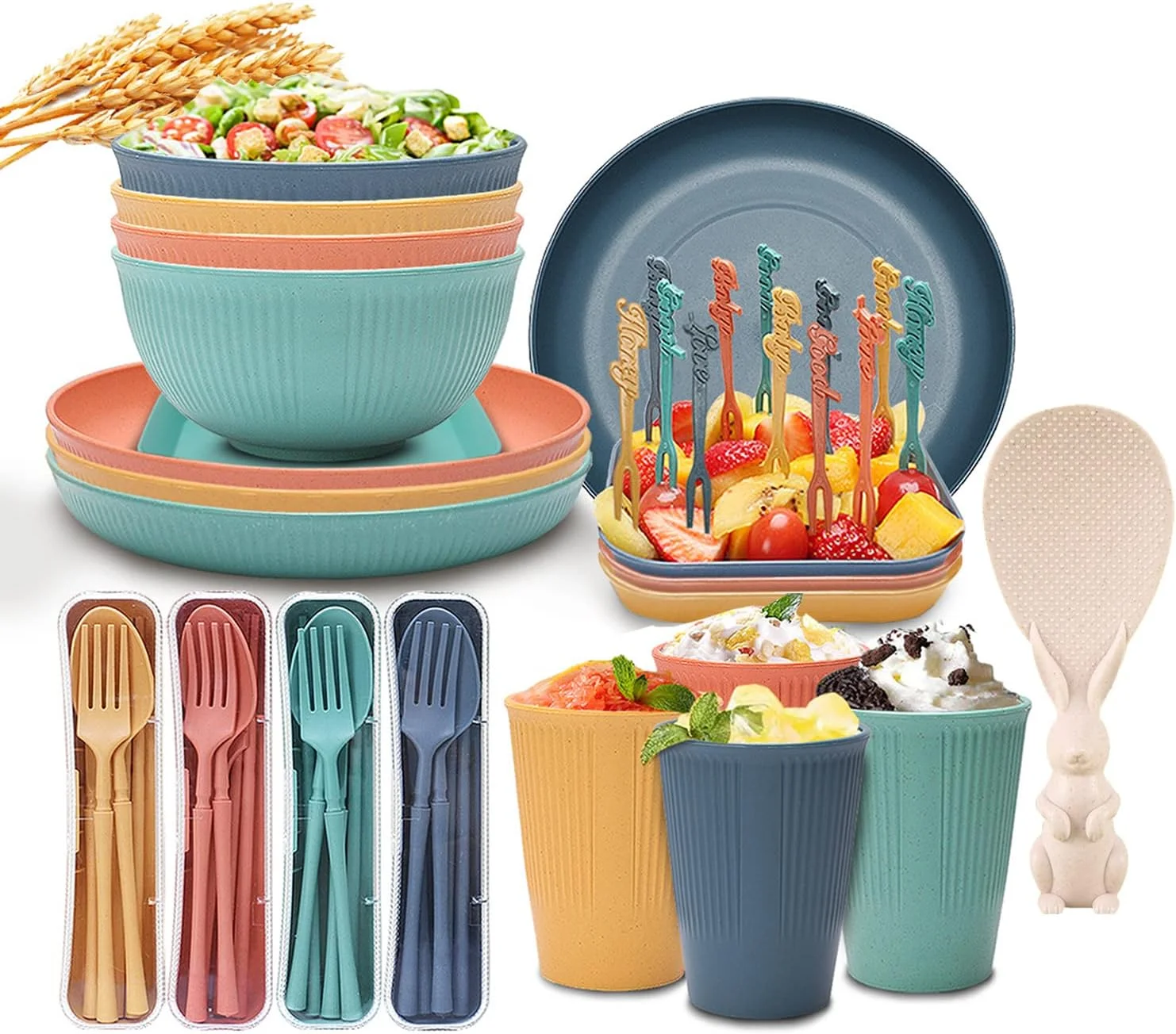 ست ظروف غذاخوری کاه گندم IS MUHE، ست ظروف، ظروف غذاخوری نشکن برای کودکان، بشقاب غذاخوری، بشقاب دسر، کاسه غلات، فنجان، کارد و چنگال کاه گندم، چنگال میوه (48 تکه) (چهار رنگ)