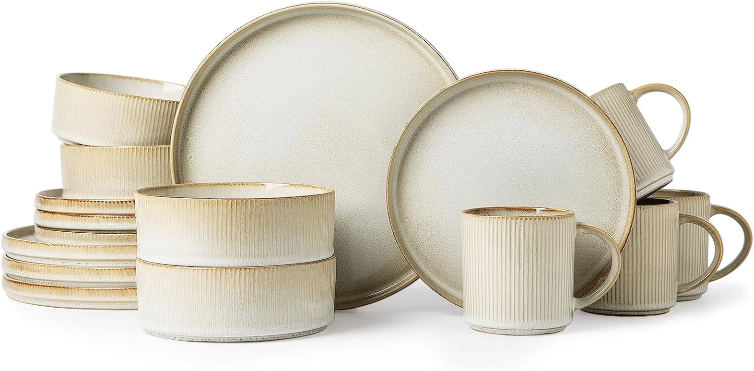 سرویس غذاخوری سرامیکی ۱۶ پارچه بونبون بژ، شامل بشقاب، کاسه پاستا، کاسه سوپ، ظروف با لعاب واکنش‌گرا، ظروف سنگی مدرن، هدیه.