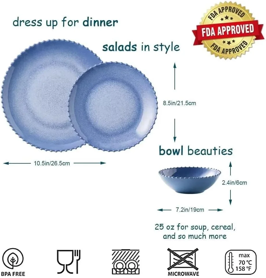 سرویس غذاخوری 12 پارچه ملامین Miss Yip، مناسب برای 4 نفر، سبک و نشکن، بدون BPA، ست بشقاب های درجه مواد غذایی، قابل شستشو در ماشین ظرفشویی، مناسب برای استفاده در فضای داخلی و خارجی