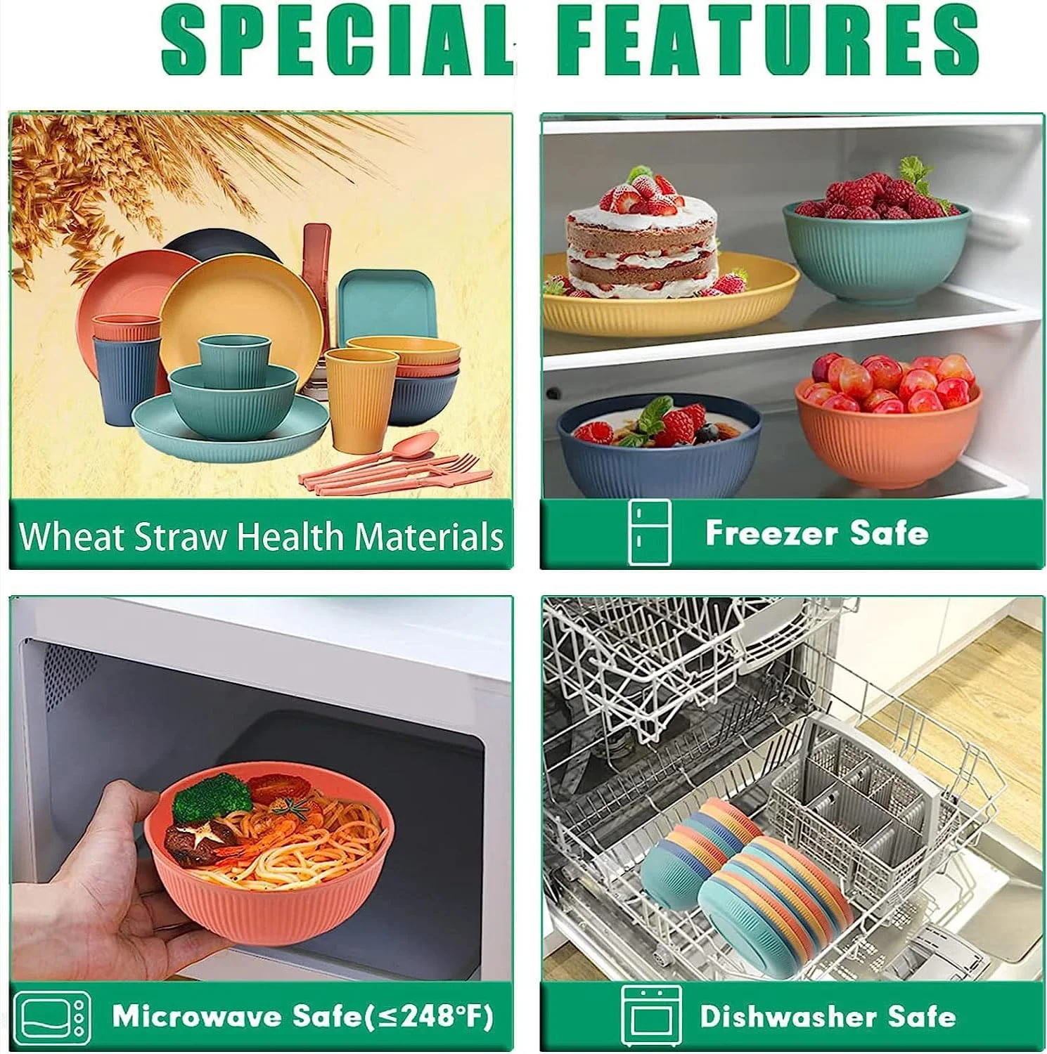 ست ظروف غذاخوری کاه گندم IS MUHE، ست ظروف، ظروف غذاخوری نشکن برای کودکان، بشقاب غذاخوری، بشقاب دسر، کاسه غلات، فنجان، کارد و چنگال کاه گندم، چنگال میوه (48 تکه) (چهار رنگ)