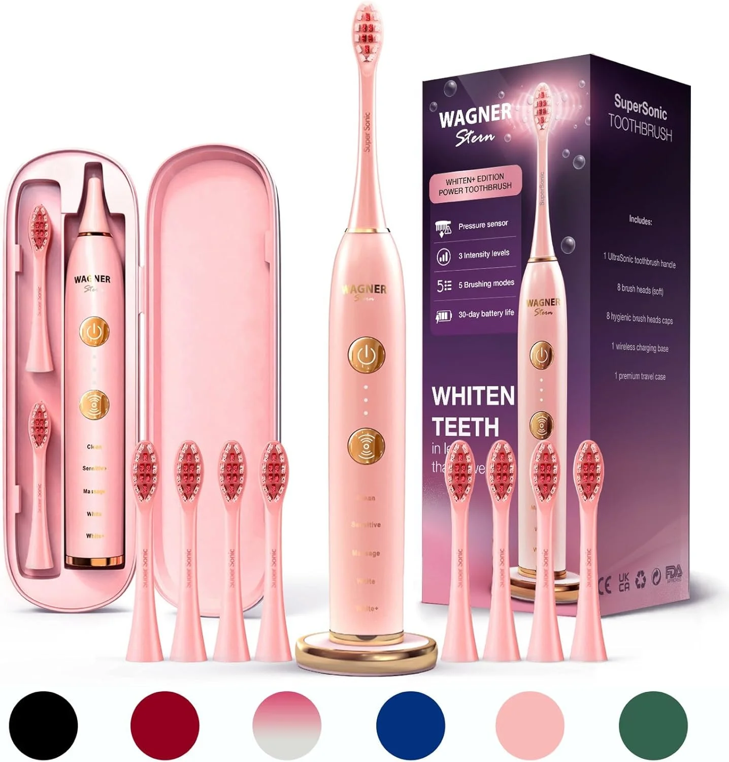 مسواک برقی وایتنینگ Wagner Stern WHITEN+ Edition با سنسور فشار. ارائه 5 حالت مسواک زدن، 3 شدت، 8 سر برس نرم و یک کیف مسافرتی لوکس.