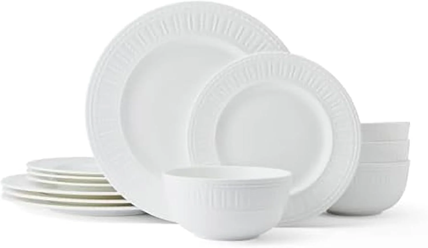 سرویس غذاخوری 12 پارچه چینی استخوانی سبک وزن و مقاوم در برابر لب پر شدن Mikasa Miles، مناسب برای 4 نفر، سفید