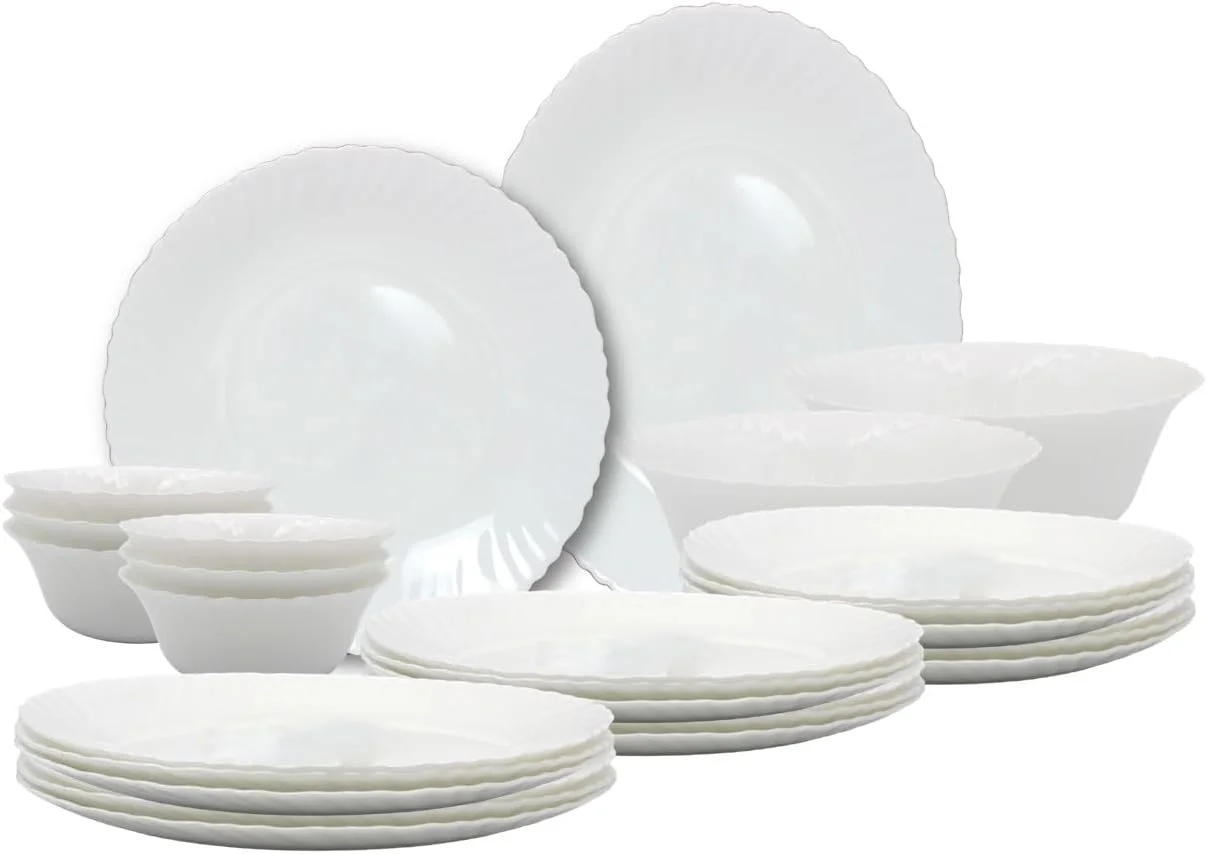 سرویس غذاخوری 27 پارچه اپال ملریچ: 6 بشقاب غذاخوری، 6 بشقاب دسر، 6 بشقاب سوپ، 6 کاسه سوپ، 1 دیس، 1 کاسه سرو، 1 کاسه متوسط ​​- قابل شستشو در ماشین ظرفشویی و استفاده در مایکروویو