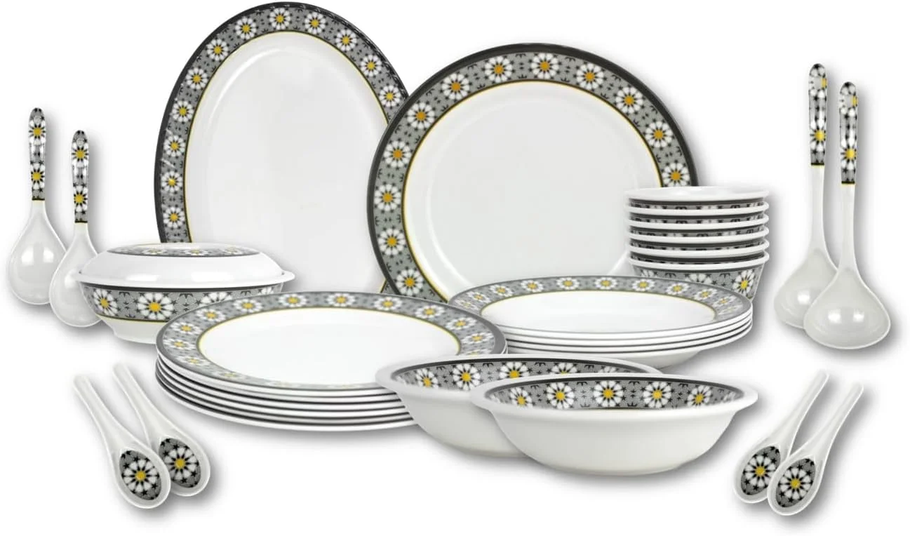 سرویس غذاخوری 26 پارچه ملامین Melrich شامل بشقاب غذاخوری، سرو، سوپ، کاسه سالاد، درب و کاسه برنج، ملاقه برنج و خورشت، قاشق سوپ، بادوام و مقاوم، قابل شستشو در ماشین ظرفشویی و فریزر