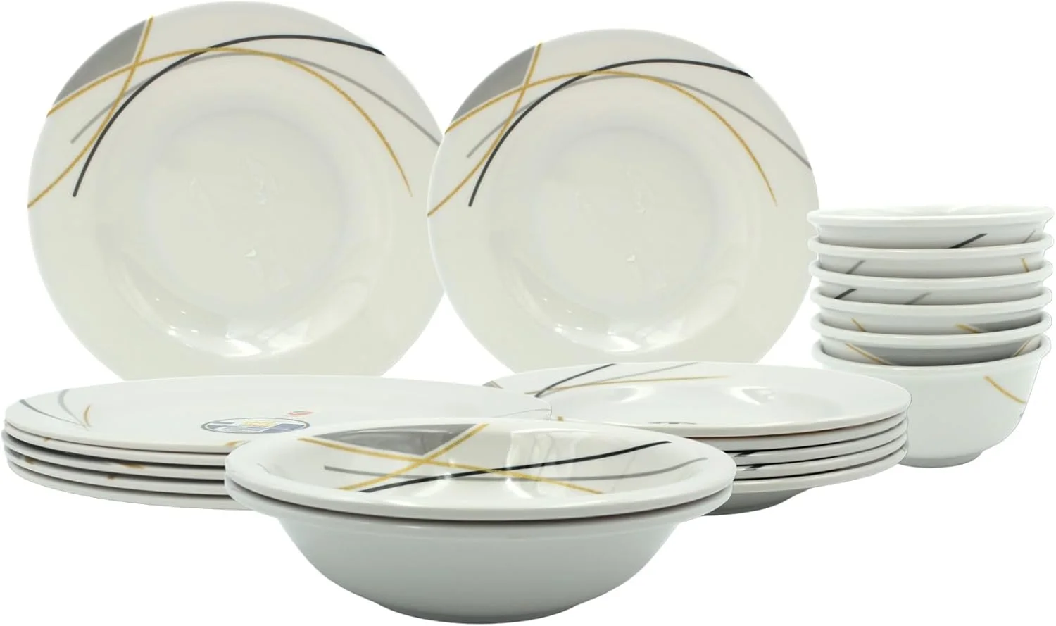 سرویس غذاخوری 20 پارچه ملامین Melrich، ست بشقاب و کاسه بادوام و ماندگار (سفید با خط طلایی)