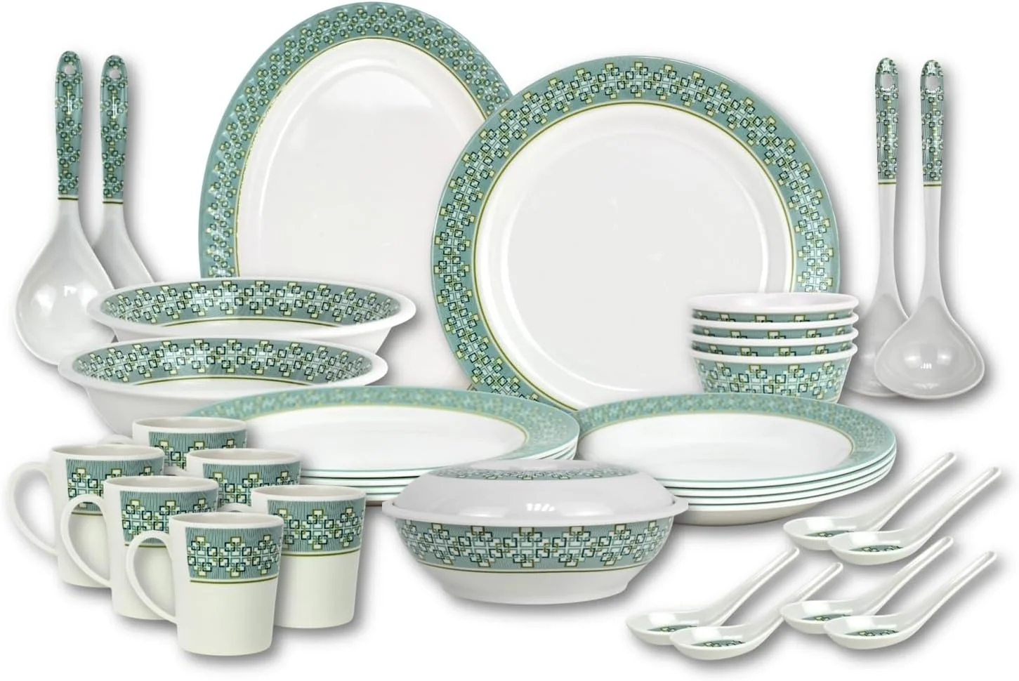 سرویس غذاخوری 38 پارچه ملامین Melrich شامل بشقاب غذاخوری، بشقاب سوپ خوری، بشقاب سرو، ملاقه خورشت، ملاقه برنج، کاسه درب دار، لیوان آب و کاسه، قابل شستشو در ماشین ظرفشویی و ایمن برای فریزر، بادوام و قوی