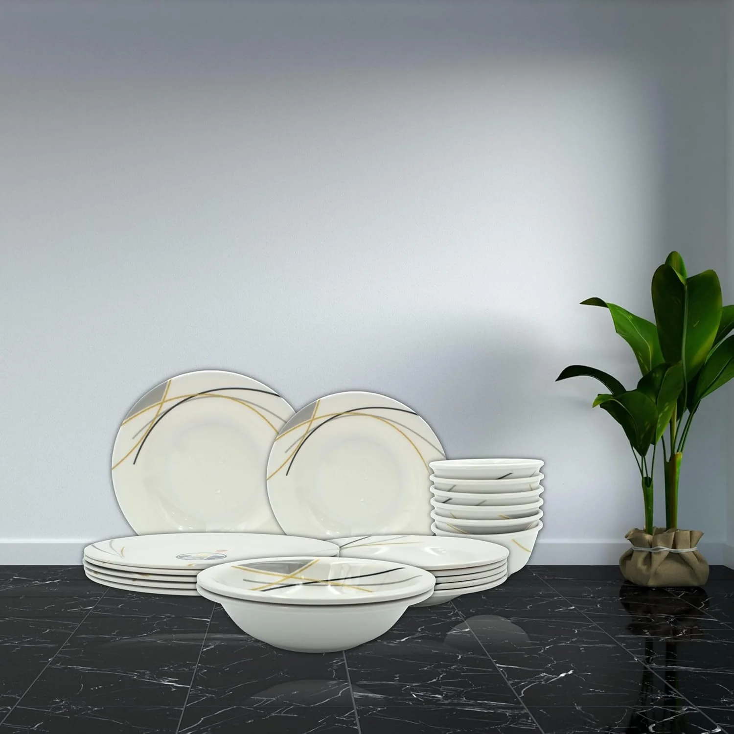 سرویس غذاخوری 20 پارچه ملامین Melrich، ست بشقاب و کاسه بادوام و ماندگار (سفید با خط طلایی)