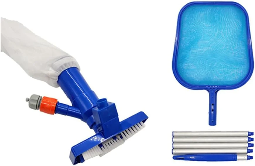 ست تمیز کننده استخر VICASKY، شامل جاروبرقی استخر با توری ریز و دسته تلسکوپی آبی رنگ، برای تمیز کردن موثر استخر