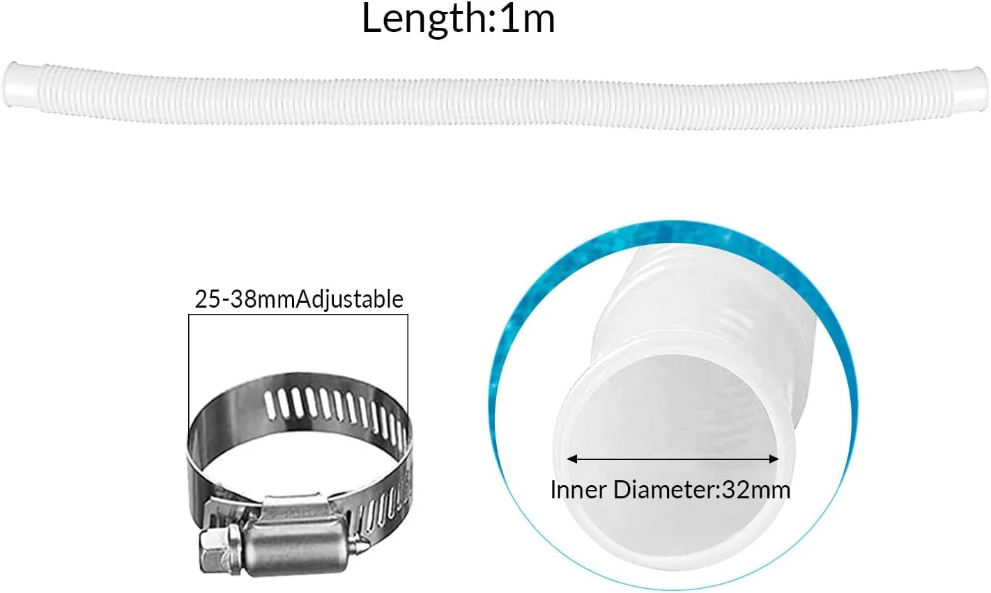 شلنگ جاروبرقی استخر با بست فلزی، شلنگ تمیز کننده استخر شنا انعطاف پذیر (2 عدد، سفید 1 متری)