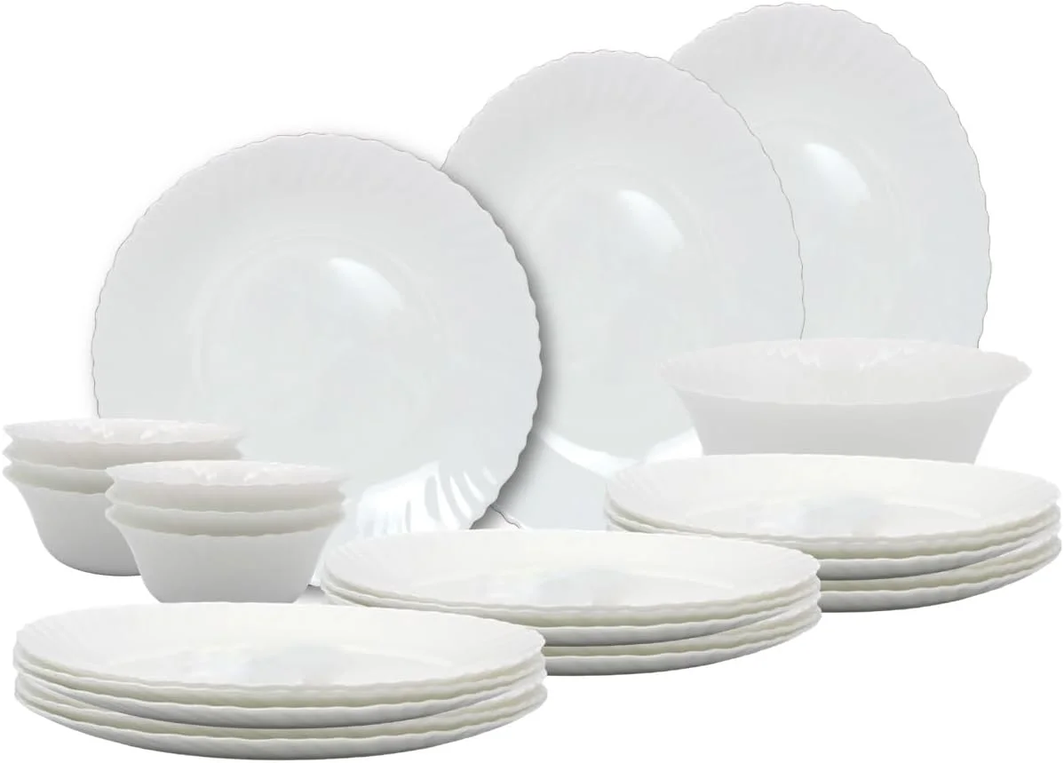 سرویس غذاخوری 27 پارچه اپال ملریچ شامل 6 بشقاب پلوخوری، 6 بشقاب میوه خوری، 6 بشقاب سوپ خوری، 6 کاسه، 2 دیس، 1 کاسه سرو، قابل شستشو در ماشین ظرفشویی، قابل استفاده در مایکروویو