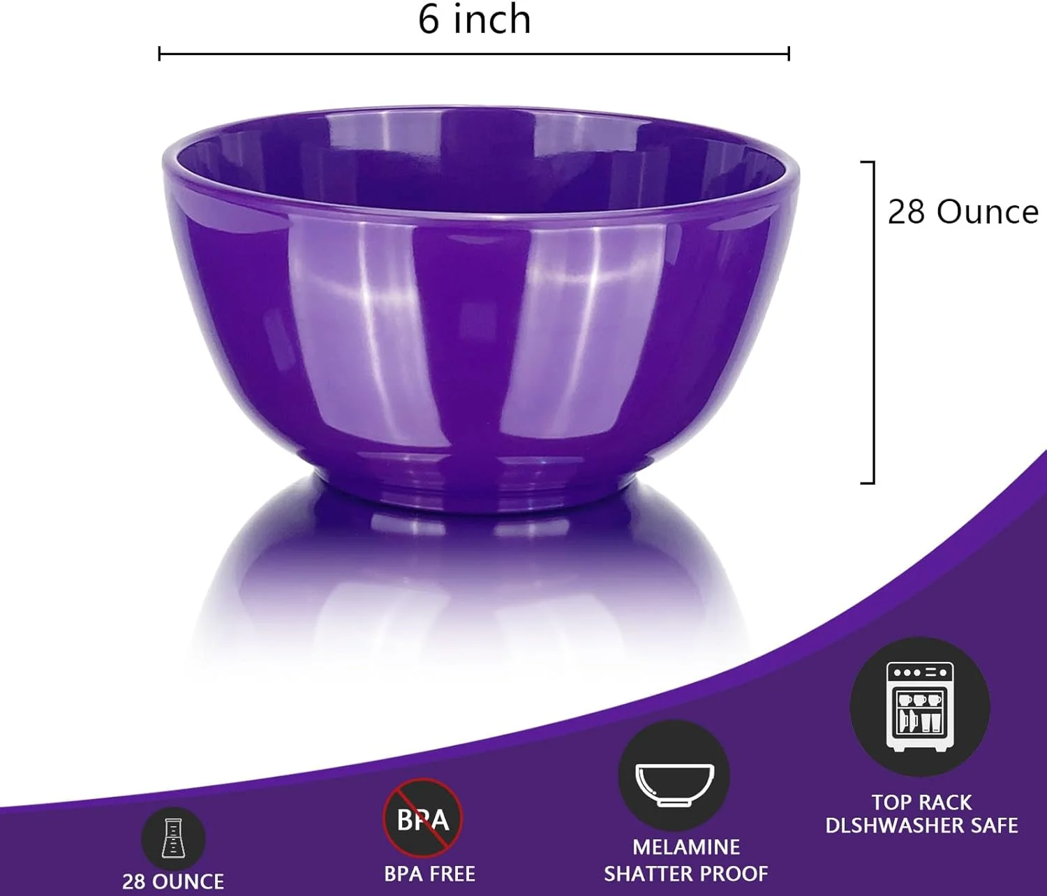 ست 6 تایی کاسه سالاد خوری ملامینه 28 اونسی، کاسه سوپ خوری گرد 6 اینچی، ست ظروف غذاخوری 100% ملامینه برای شام یا پیک نیک، مقاوم در برابر شکستن و بدون BPA، چند رنگ