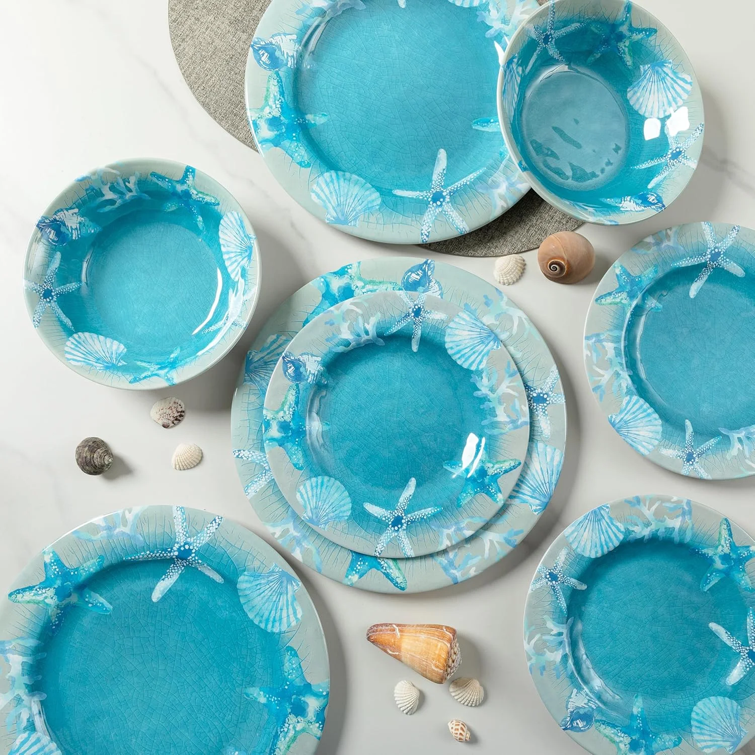 ست ظروف غذاخوری ملامین، ست بشقاب و کاسه نشکن، ست ظروف سبک وزن مقاوم در برابر لب پر شدن 12 تکه برای 4 نفر، مناسب برای کمپینگ، RV، استفاده در داخل و خارج از منزل با طرح اقیانوس