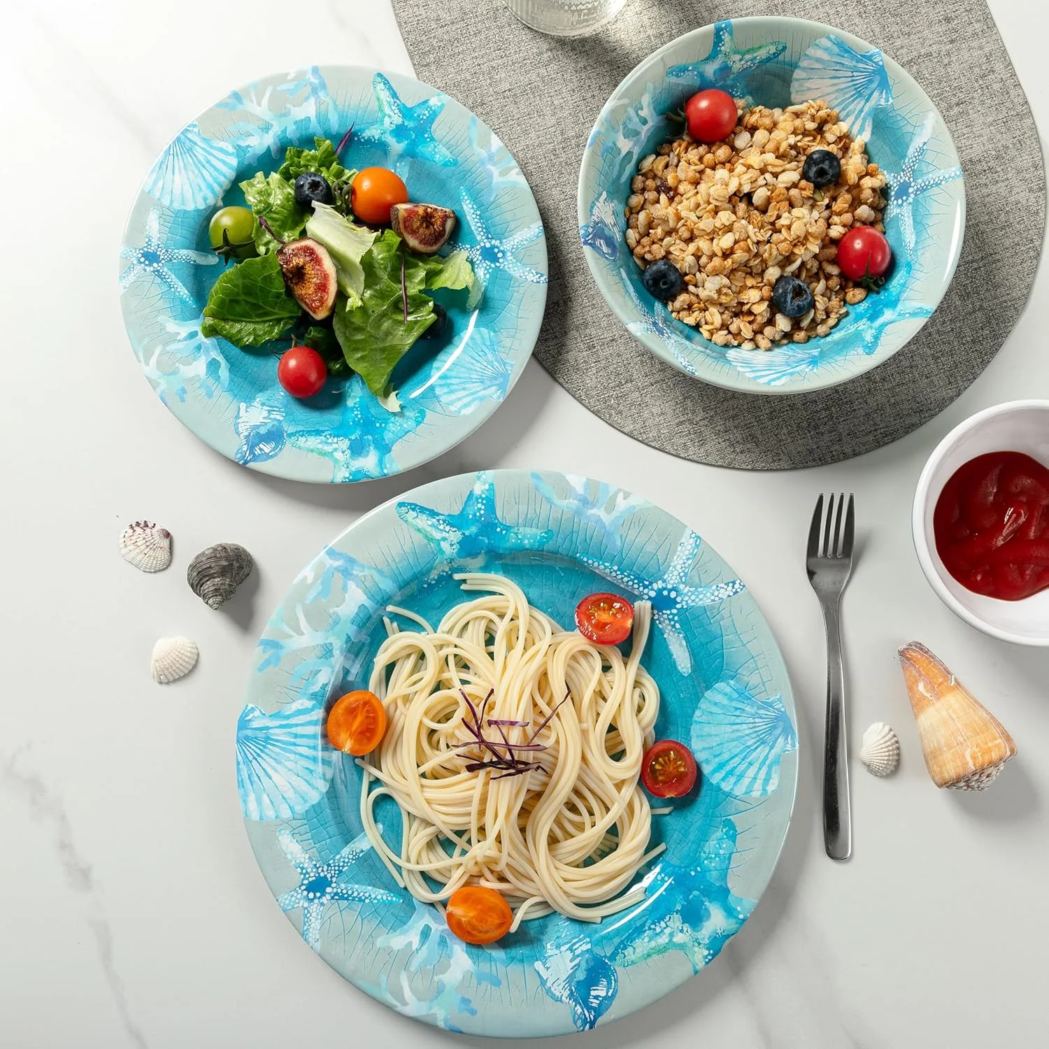 ست ظروف غذاخوری ملامین، ست بشقاب و کاسه نشکن، ست ظروف سبک وزن مقاوم در برابر لب پر شدن 12 تکه برای 4 نفر، مناسب برای کمپینگ، RV، استفاده در داخل و خارج از منزل با طرح اقیانوس