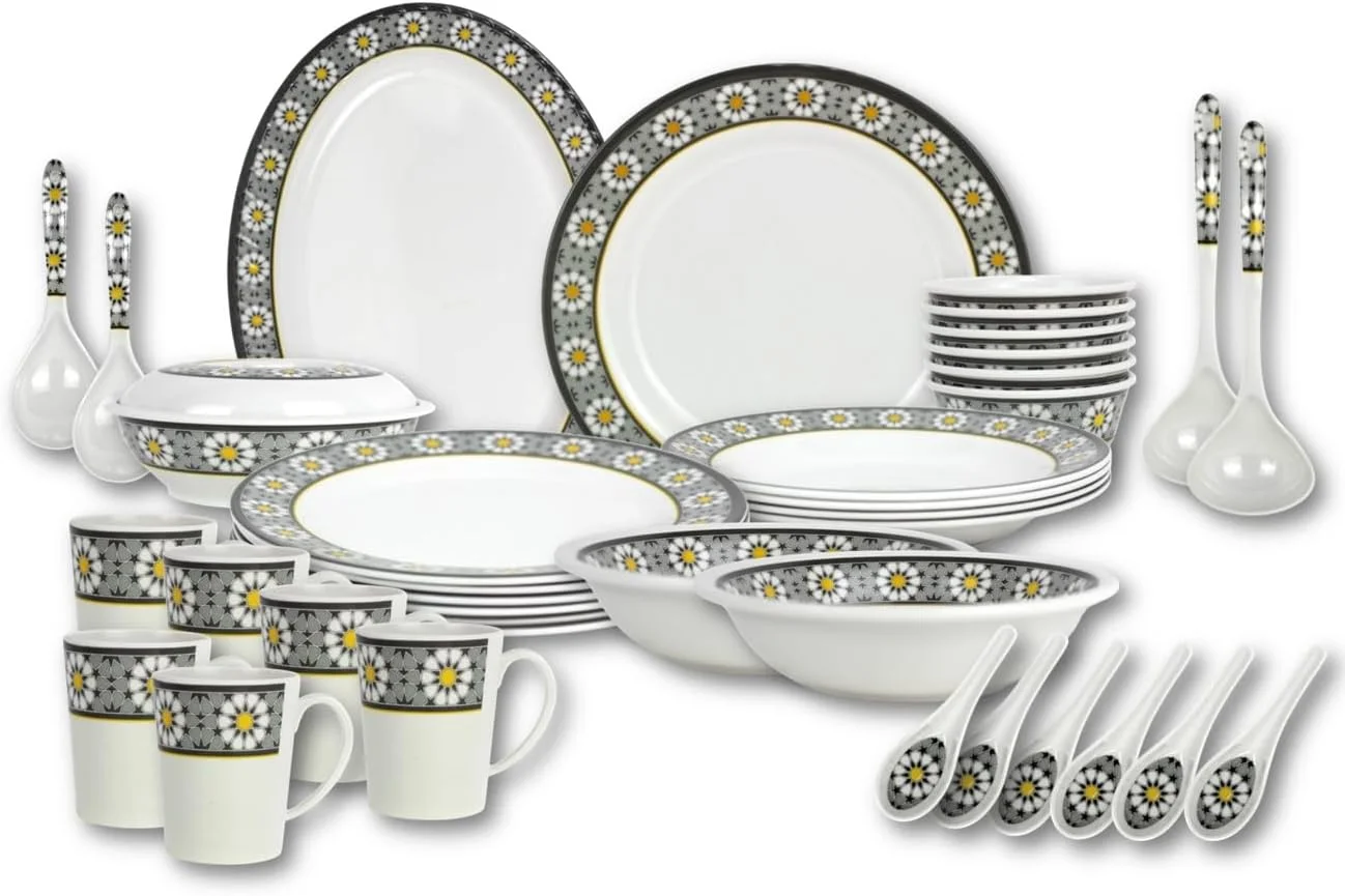 سرویس غذاخوری 38 پارچه ملامین Melrich شامل بشقاب غذاخوری، بشقاب سوپ خوری، بشقاب سرو، ملاقه خورش، ملاقه برنج، کاسه درب دار، لیوان آب و کاسه. مقاوم، بادوام، قابل شستشو در ماشین ظرفشویی و فریزر