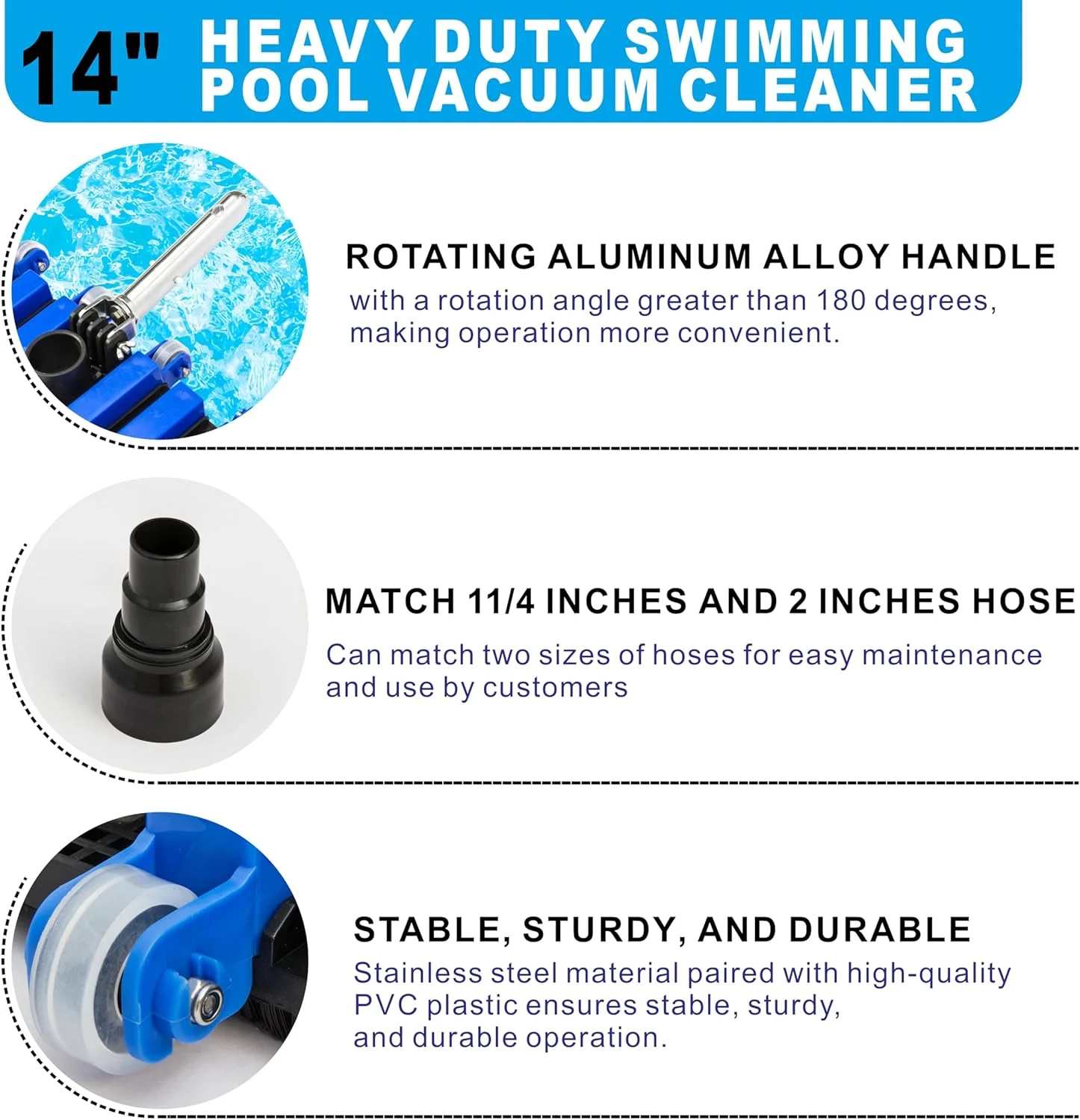 سر جاروبرقی استخری سنگین Uoark با عرض 35.5 سانتی متر، دارای چرخ و آداپتور شلنگ چرخشی با 6 وزنه، مناسب برای استخرهای روکار و توکار (بدون دسته) سر جاروبرقی استخری سنگین Uoark با عرض 35.5 سانتی متر، دارای چرخ و آداپتور شلنگ چرخشی با 6 وزنه، مناسب برای استخرهای روکار و توکار (بدون دسته)