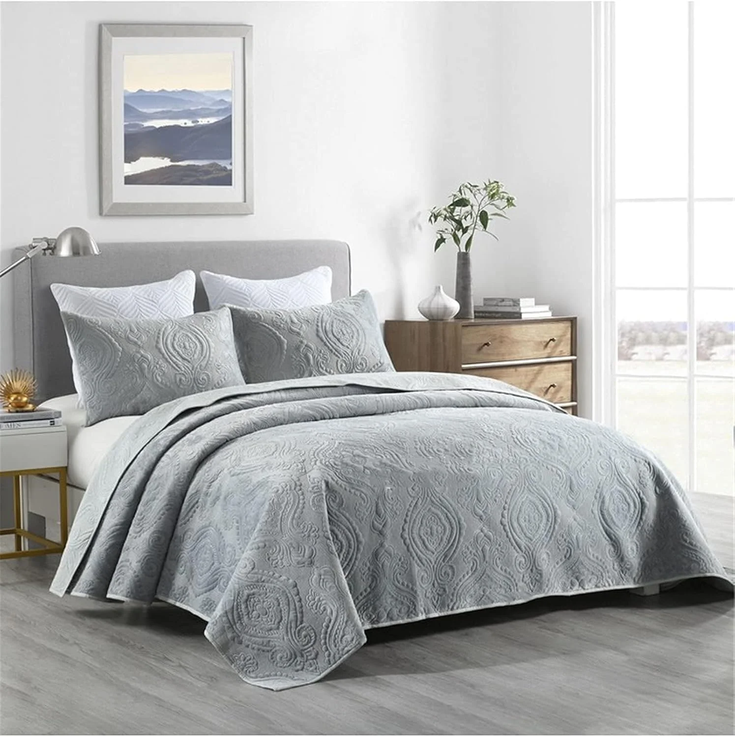 3-Piece Reversible King Bedspread Set Cotton Grey Coverlet s All Season Lightweight Bedspread Quilt Bedding Set for Women Men 234x270cm