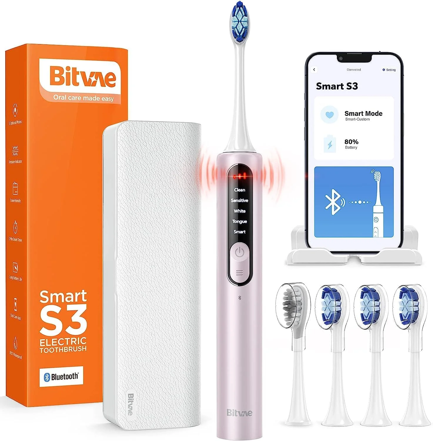 مسواک برقی سونیک Bitvae S3 – صورتی، با 4 سری مسواک، 4 درپوش، کیف مسافرتی و پایه نگهدارنده، 5 حالت تمیز کردن، تایمر هوشمند، قابل شارژ USB، عمر باتری طولانی