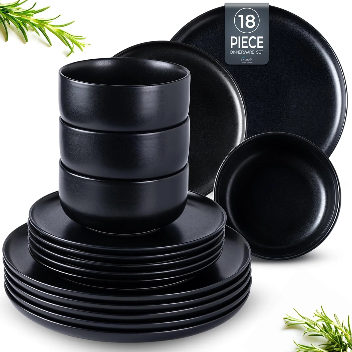 LeRatio Dinner Set for 6, 18 Piece Stoneware Plates and Bowls Set, Chip and Scratch Resistant Reactive Glaze Dinnerware Set, Oven & Dishwasher & Microwave Safe Crockery Set (Black, Service for 6) LeRatio Dinner Set for 6, 18 Piece Stoneware Plates and Bowls Set, Chip and Scratch Resistant Reactive Glaze Dinnerware Set, Oven & Dishwasher & Microwave Safe Crockery Set (Black, Service for 6)