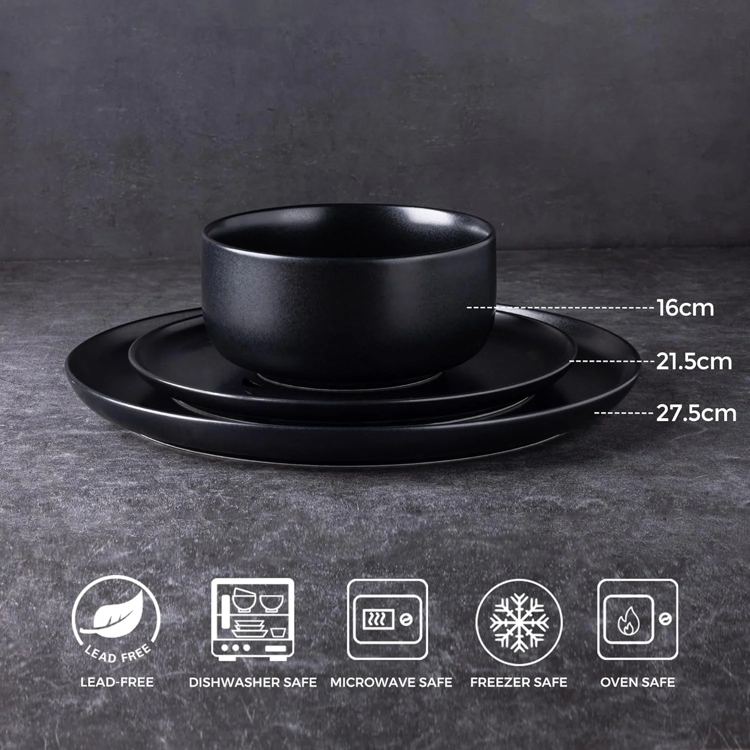 LeRatio Dinner Set for 6, 18 Piece Stoneware Plates and Bowls Set, Chip and Scratch Resistant Reactive Glaze Dinnerware Set, Oven & Dishwasher & Microwave Safe Crockery Set (Black, Service for 6) LeRatio Dinner Set for 6, 18 Piece Stoneware Plates and Bowls Set, Chip and Scratch Resistant Reactive Glaze Dinnerware Set, Oven & Dishwasher & Microwave Safe Crockery Set (Black, Service for 6)