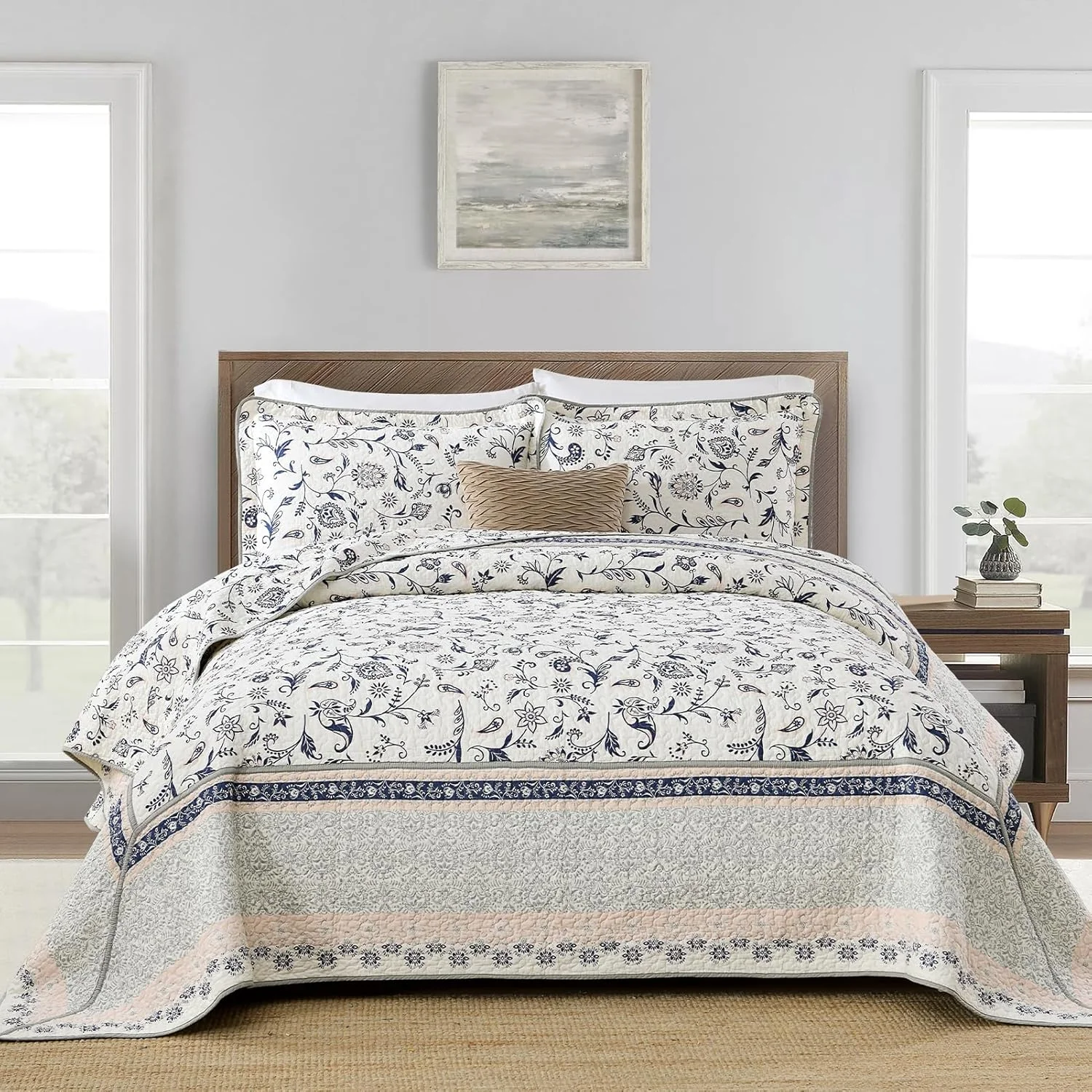 SahSahCasa 100% Cotton 128"x120" Oversized California King Bedspread Coverlet Quilt Set, Cal King Quilted Bedspread Extra Large Quilt, Floral XL Bed Spread Lightweight Comforter, 3pc, Navy