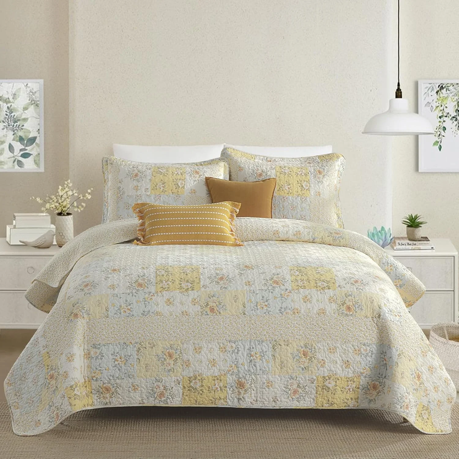 SahSahCasa 100% Cotton 120"x120" Oversized California King Bedspread Coverlet Quilt Set, Yellow