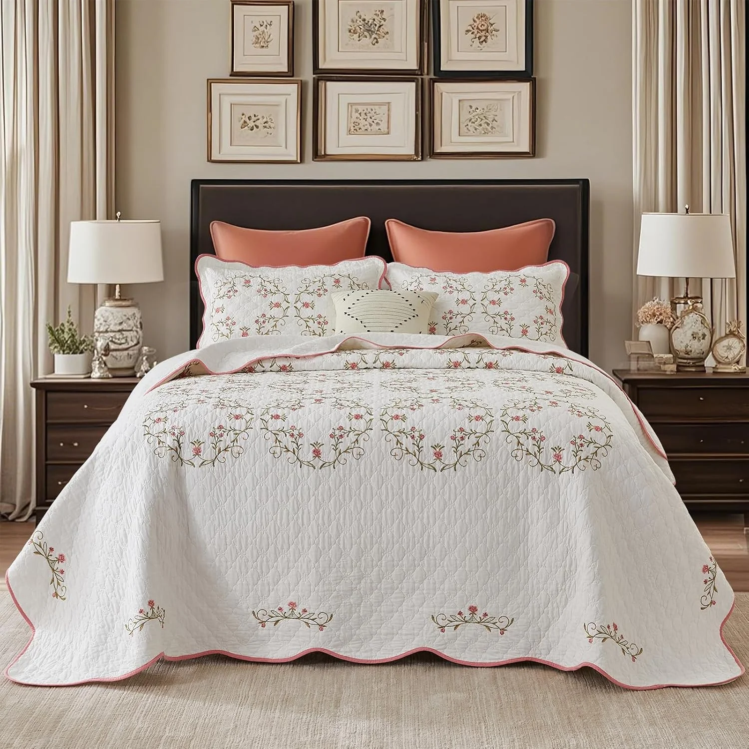 SahSahCasa 120"x120" 100% Cotton Oversized California King Embroidery Bedspread Coverlet Quilt Set, Floral Cal King Quilted Bedspread Extra Large Quilt, XL Bed Spread Lightweight Comforter, Pink