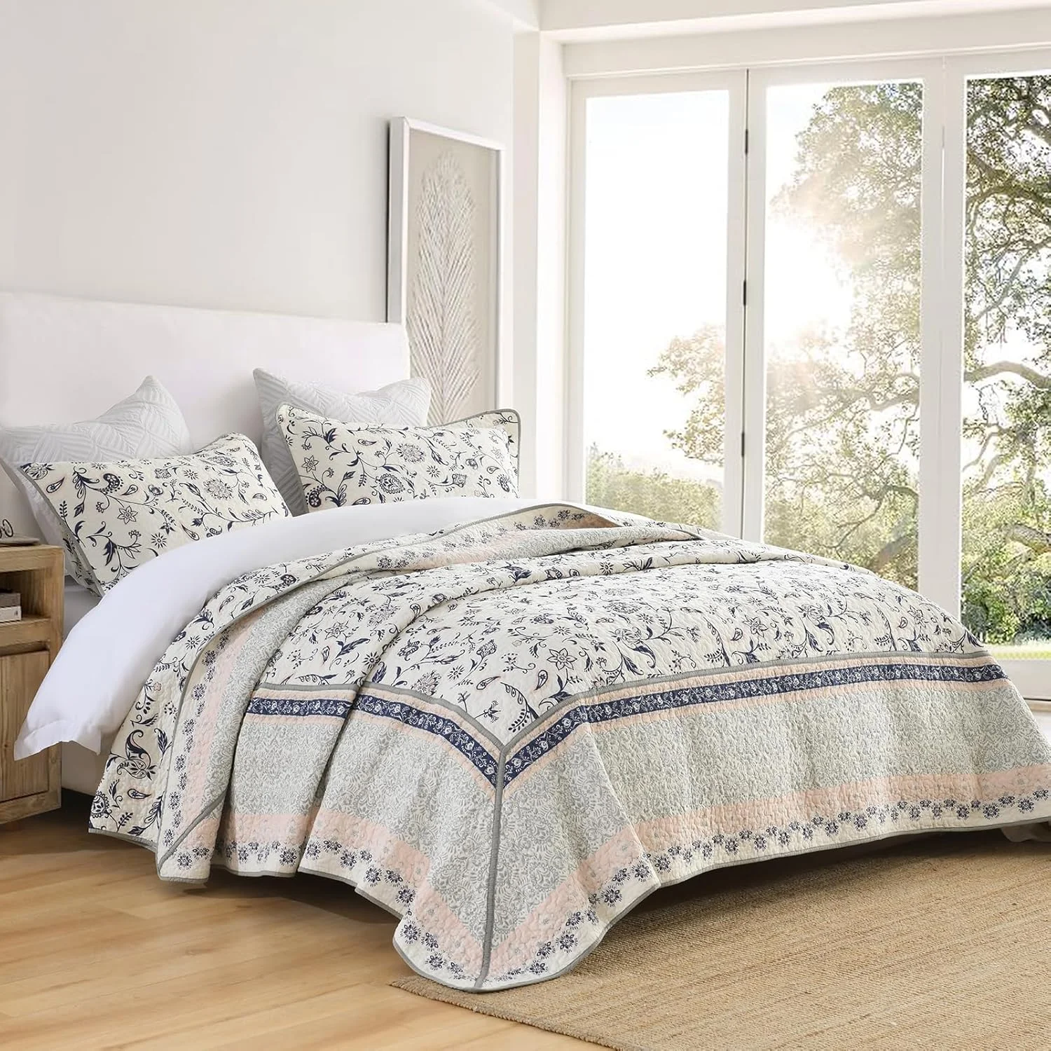 SahSahCasa 100% Cotton 128"x120" Oversized California King Bedspread Coverlet Quilt Set, Cal King Quilted Bedspread Extra Large Quilt, Floral XL Bed Spread Lightweight Comforter, 3pc, Navy