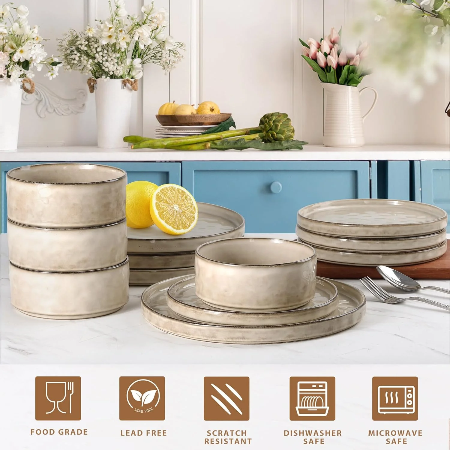 LIANYU Dinnerware Set for 4, 12 Piece Plates and Bowls Ceramic Dish Set, Includes Dinner Salad Plates, Cereal Bowls, Microwave & Dishwasher Safe, Sandy Beige LIANYU Dinnerware Set for 4, 12 Piece Plates and Bowls Ceramic Dish Set, Includes Dinner Salad Plates, Cereal Bowls, Microwave & Dishwasher Safe, Sandy Beige
