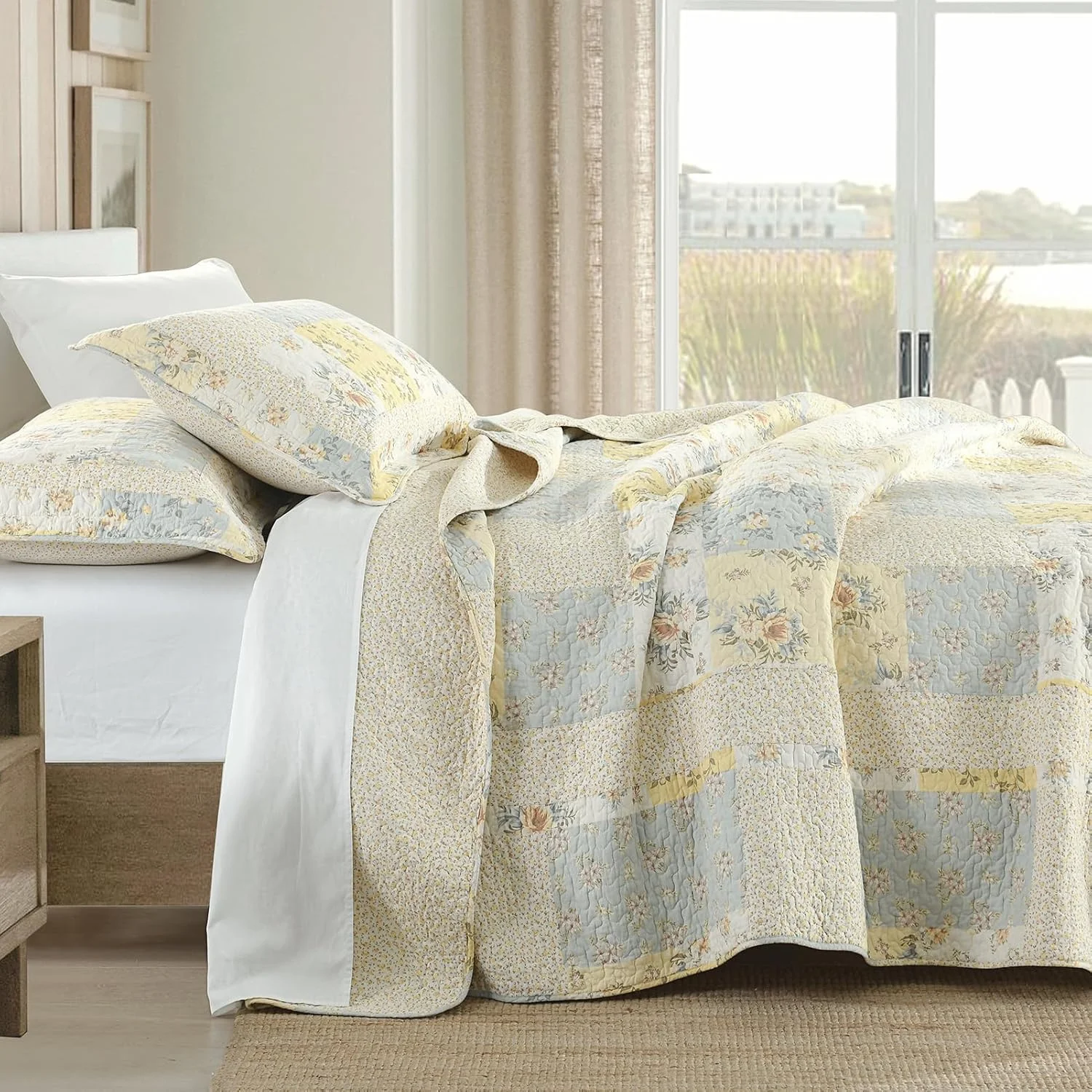 SahSahCasa 100% Cotton 120"x120" Oversized California King Bedspread Coverlet Quilt Set, Yellow