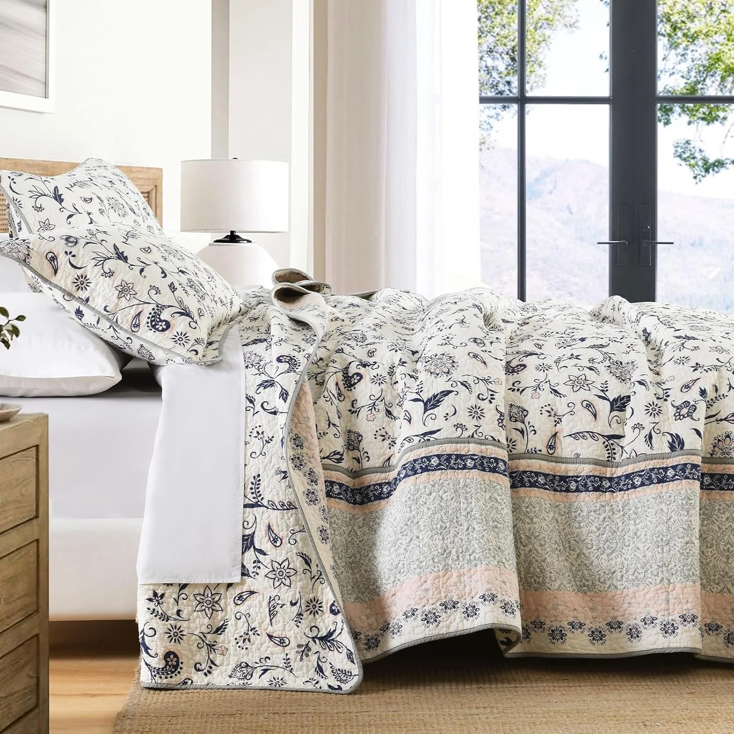 SahSahCasa 100% Cotton 128"x120" Oversized California King Bedspread Coverlet Quilt Set, Cal King Quilted Bedspread Extra Large Quilt, Floral XL Bed Spread Lightweight Comforter, 3pc, Navy