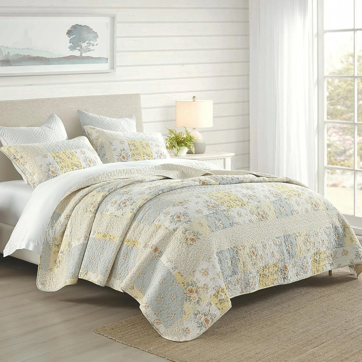 SahSahCasa 100% Cotton 120"x120" Oversized California King Bedspread Coverlet Quilt Set, Yellow