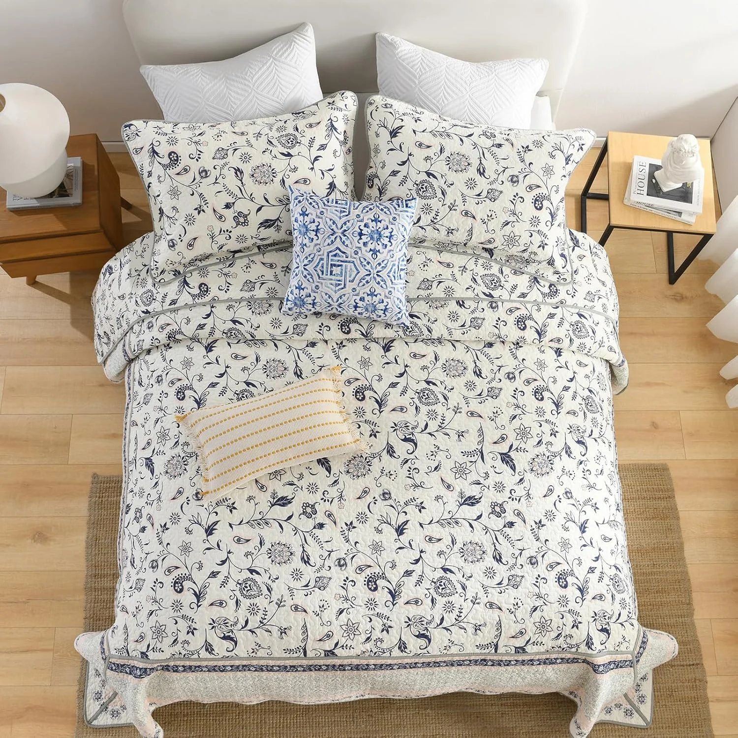 SahSahCasa 100% Cotton 128"x120" Oversized California King Bedspread Coverlet Quilt Set, Cal King Quilted Bedspread Extra Large Quilt, Floral XL Bed Spread Lightweight Comforter, 3pc, Navy