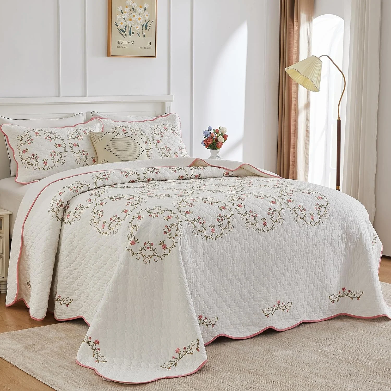 SahSahCasa 120"x120" 100% Cotton Oversized California King Embroidery Bedspread Coverlet Quilt Set, Floral Cal King Quilted Bedspread Extra Large Quilt, XL Bed Spread Lightweight Comforter, Pink