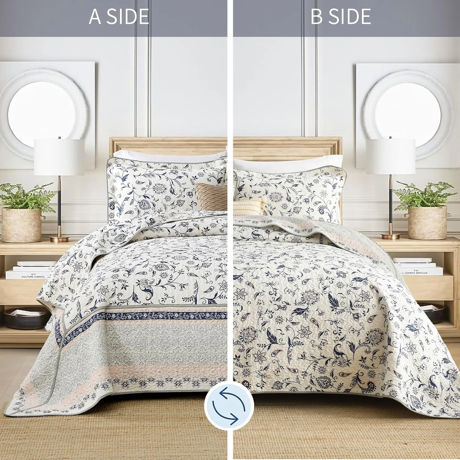 SahSahCasa 100% Cotton 128"x120" Oversized California King Bedspread Coverlet Quilt Set, Cal King Quilted Bedspread Extra Large Quilt, Floral XL Bed Spread Lightweight Comforter, 3pc, Navy