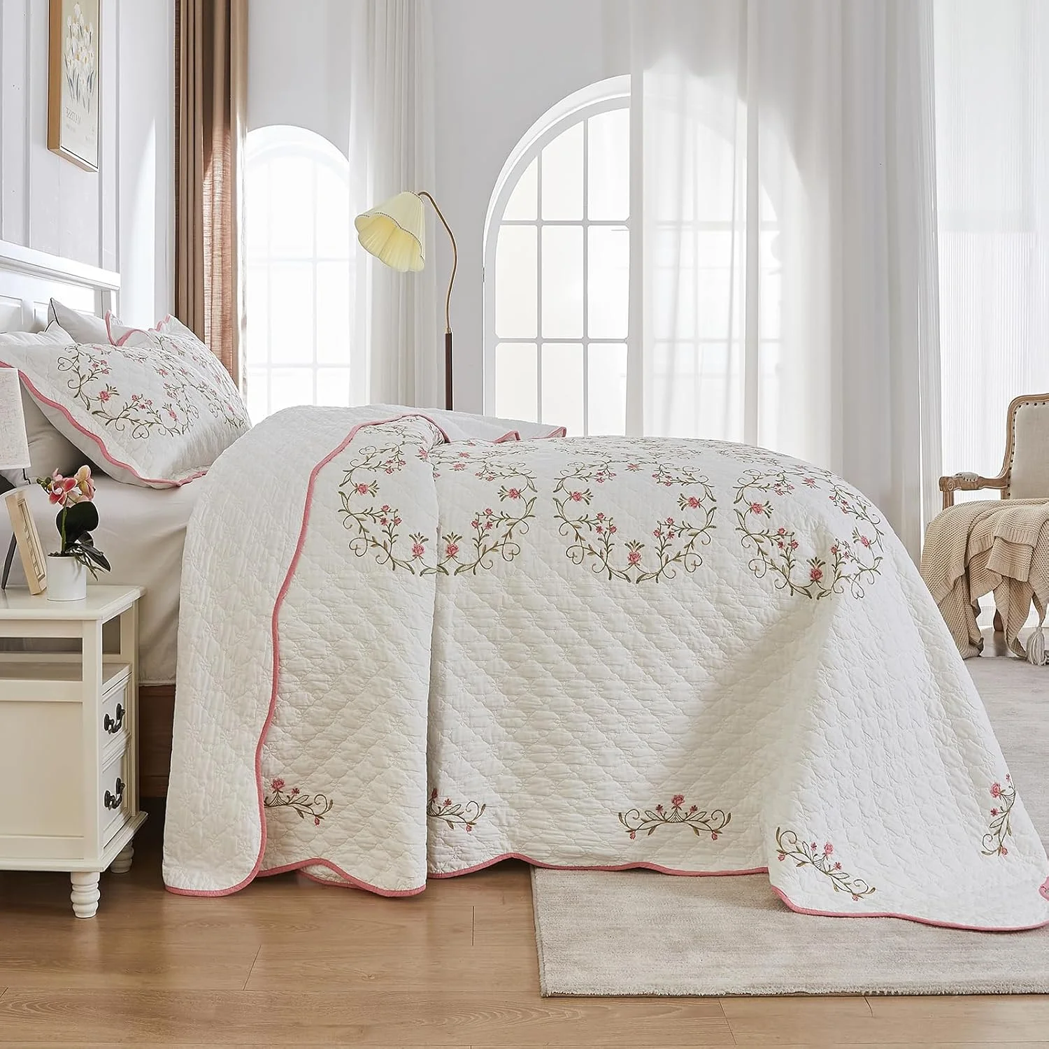 SahSahCasa 120"x120" 100% Cotton Oversized California King Embroidery Bedspread Coverlet Quilt Set, Floral Cal King Quilted Bedspread Extra Large Quilt, XL Bed Spread Lightweight Comforter, Pink