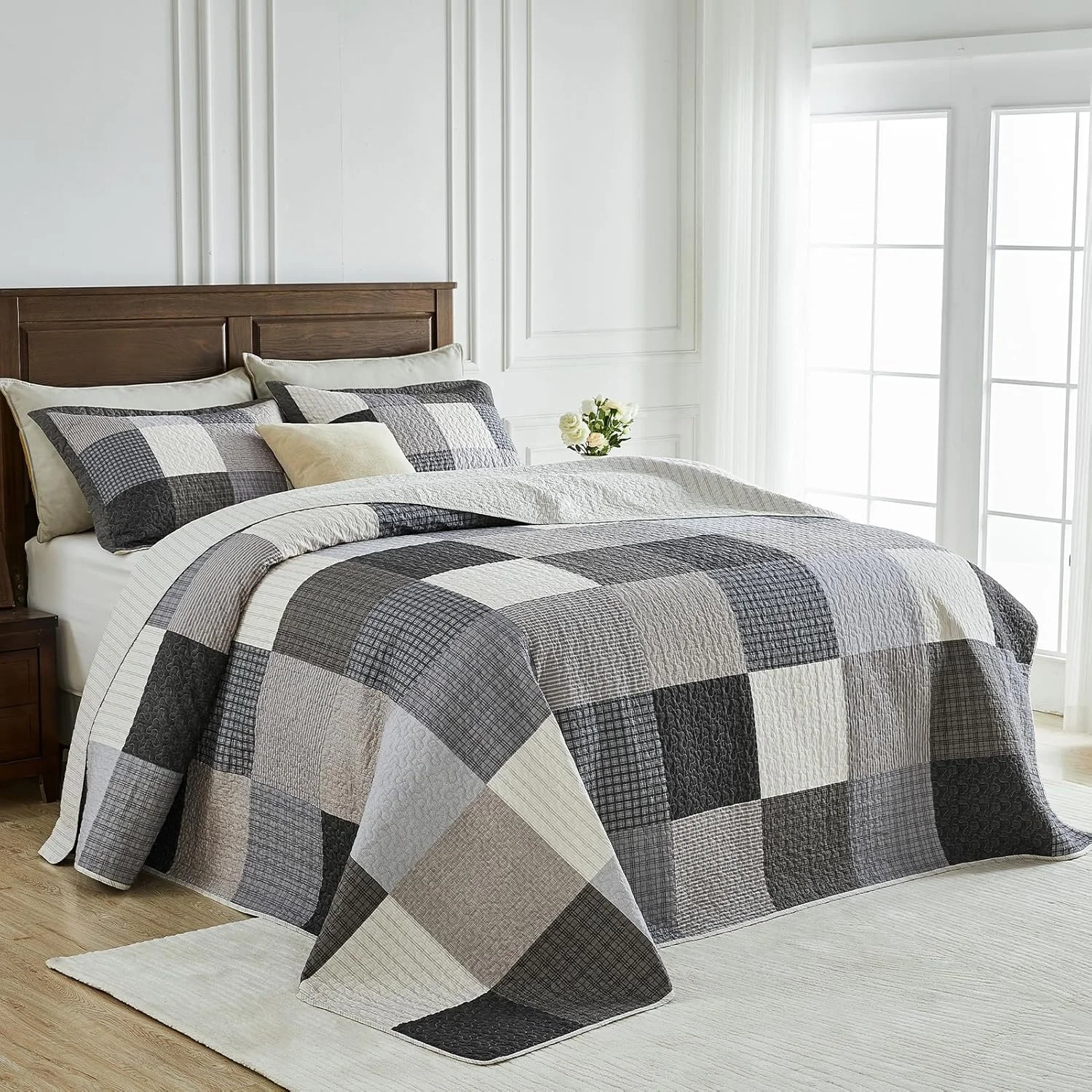ست روتختی لحاف دار سایز بزرگ SahSahCasa، 3 تکه، طرح چهارخانه، خاکستری، 305x259 سانتی متر، 100% پنبه