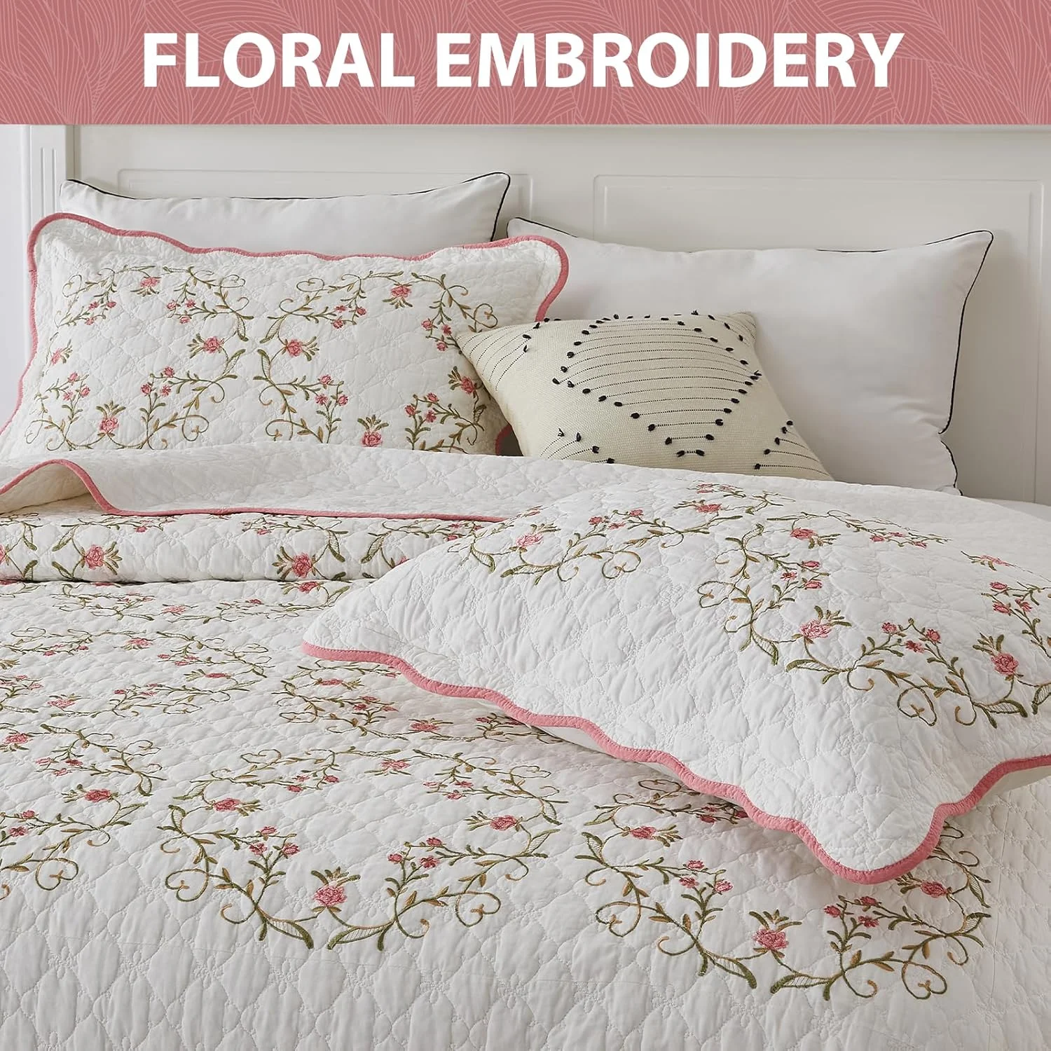 SahSahCasa 120"x120" 100% Cotton Oversized California King Embroidery Bedspread Coverlet Quilt Set, Floral Cal King Quilted Bedspread Extra Large Quilt, XL Bed Spread Lightweight Comforter, Pink