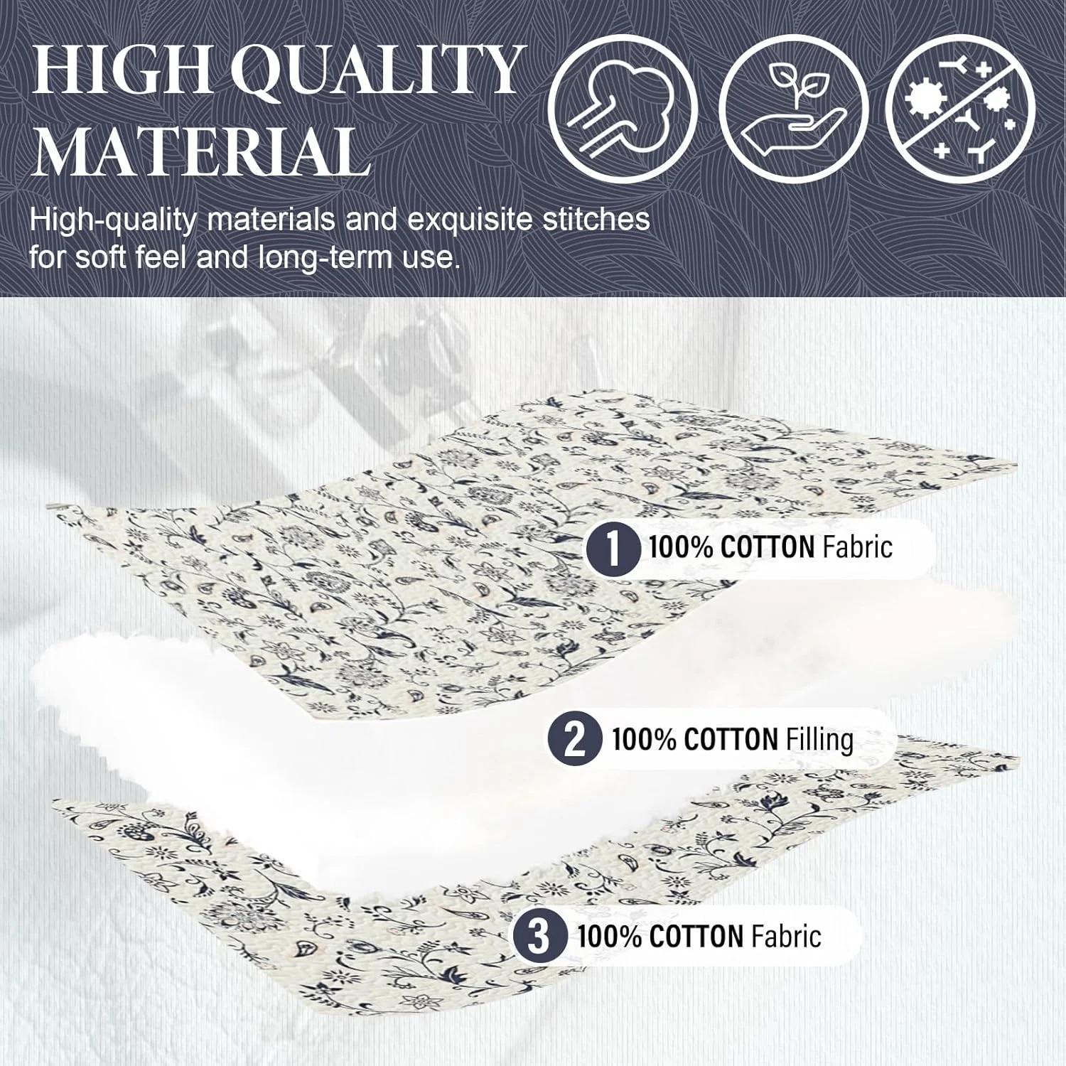 SahSahCasa 100% Cotton 128"x120" Oversized California King Bedspread Coverlet Quilt Set, Cal King Quilted Bedspread Extra Large Quilt, Floral XL Bed Spread Lightweight Comforter, 3pc, Navy