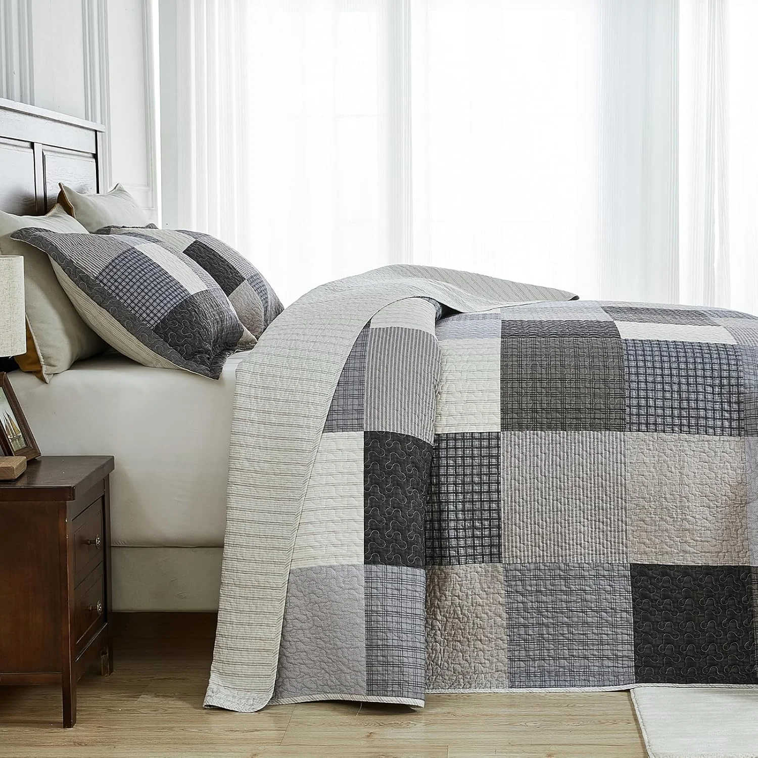 ست روتختی لحاف دار سایز بزرگ SahSahCasa، 3 تکه، طرح چهارخانه، خاکستری، 305x259 سانتی متر، 100% پنبه