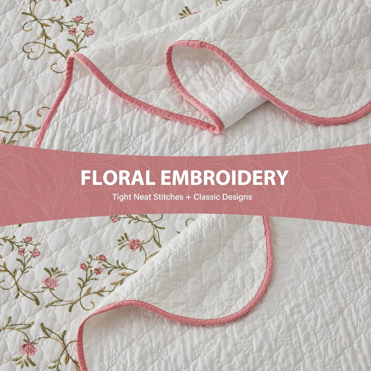 SahSahCasa 120"x120" 100% Cotton Oversized California King Embroidery Bedspread Coverlet Quilt Set, Floral Cal King Quilted Bedspread Extra Large Quilt, XL Bed Spread Lightweight Comforter, Pink