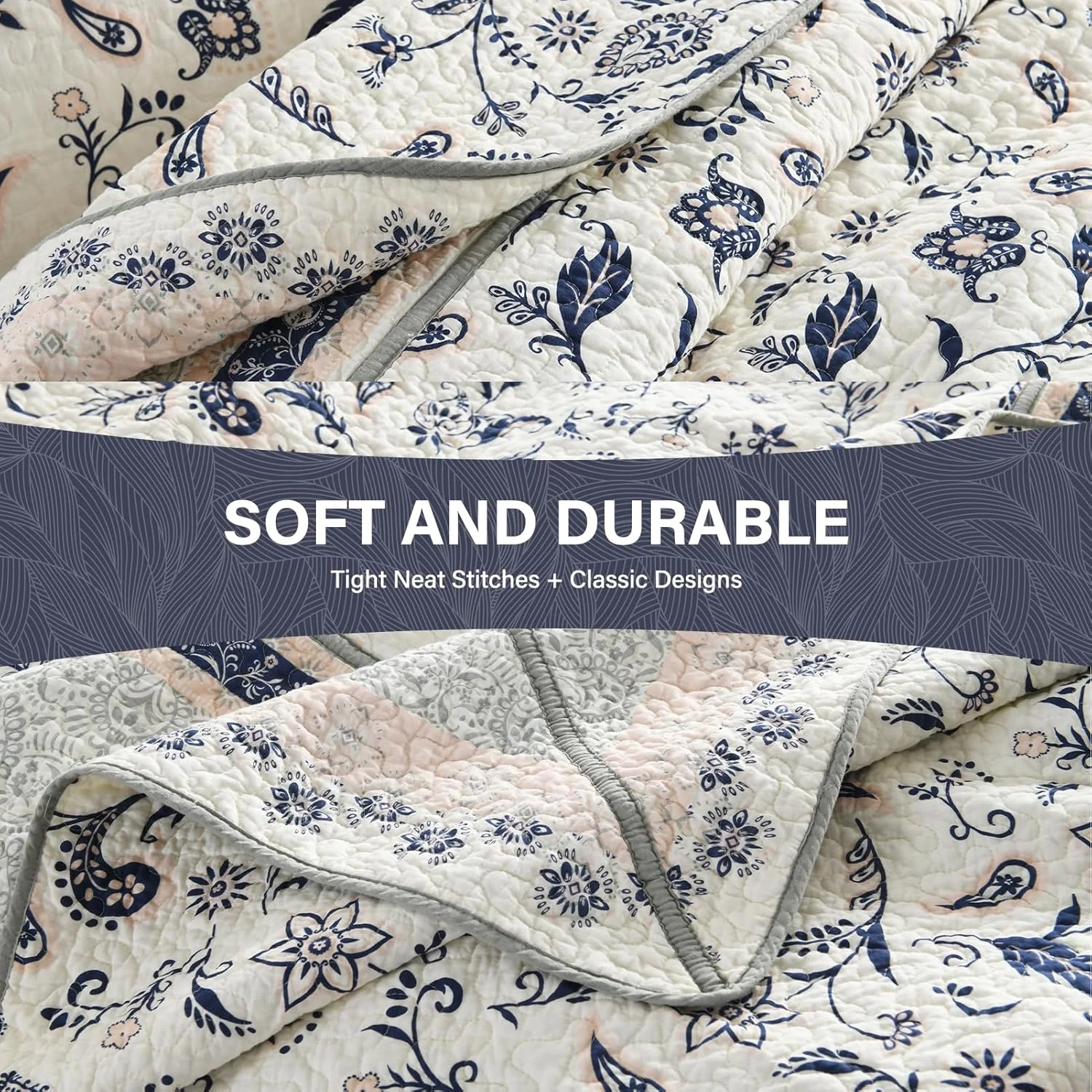 SahSahCasa 100% Cotton 128"x120" Oversized California King Bedspread Coverlet Quilt Set, Cal King Quilted Bedspread Extra Large Quilt, Floral XL Bed Spread Lightweight Comforter, 3pc, Navy